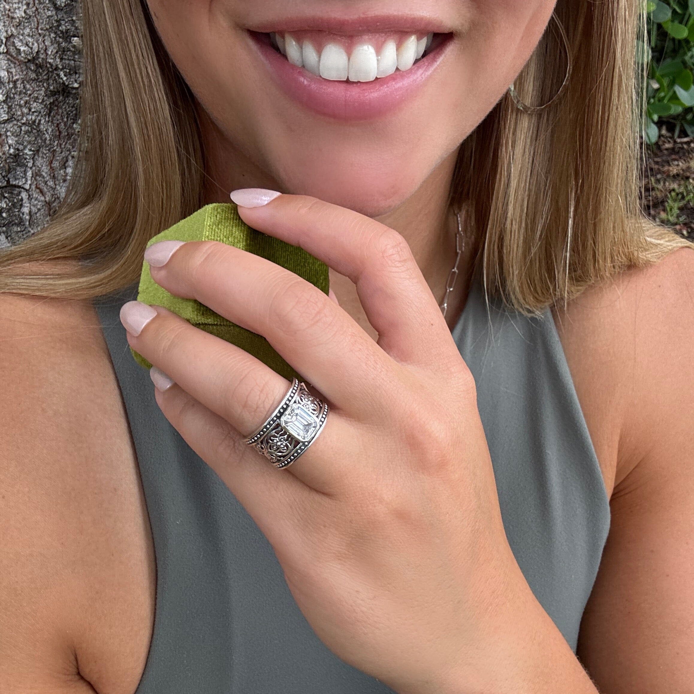 wide band ring with a rectangle cz stone bezel set