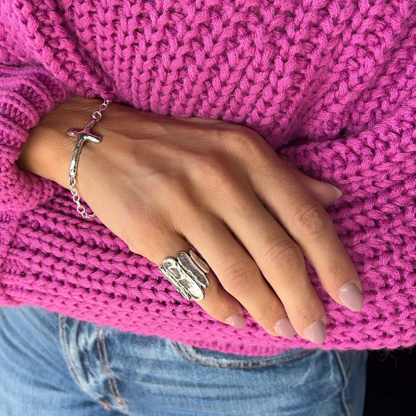 unique, boho style pinky ring in sterling silver with a hammered finish