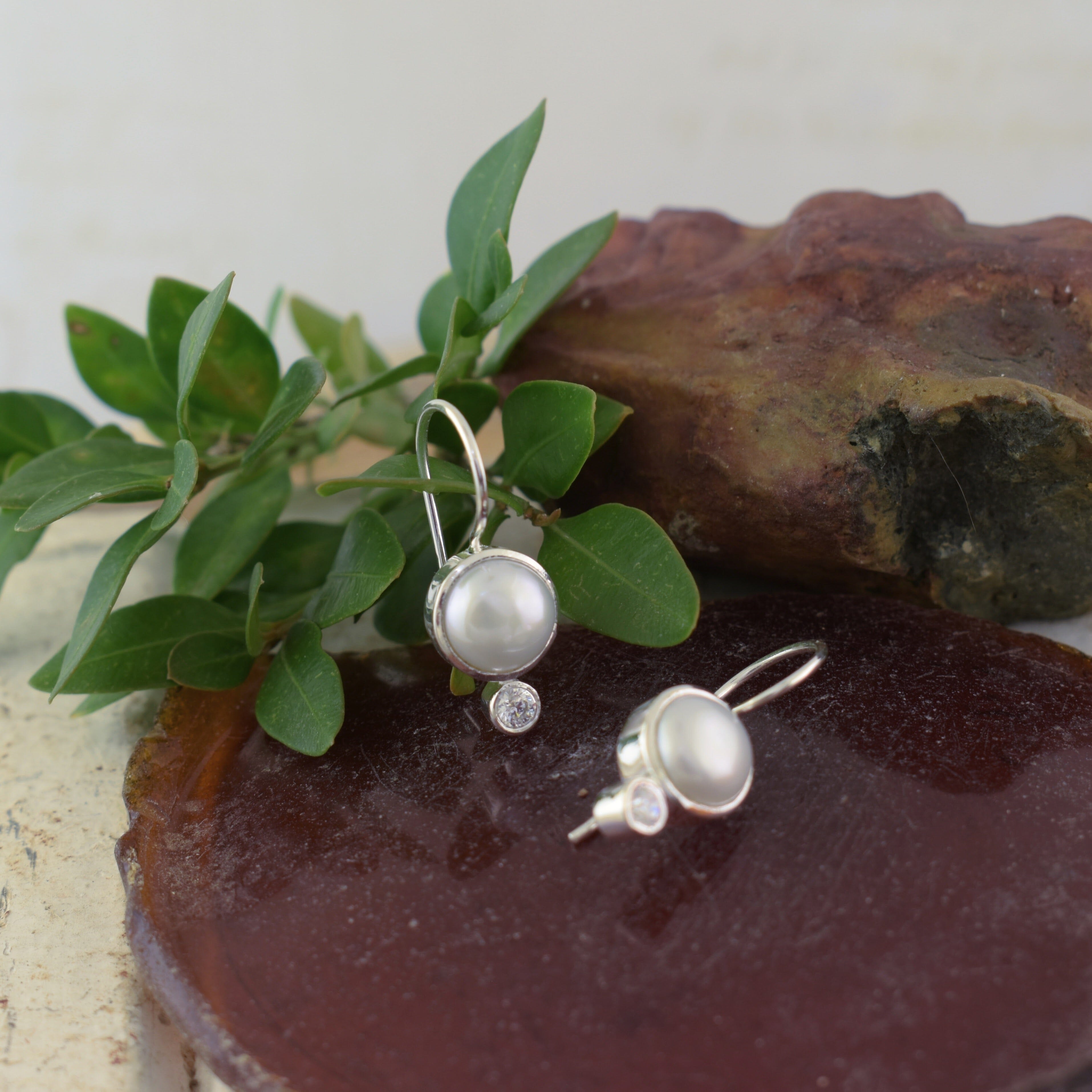 Sterling silver hook earrings with pearl and clear CZ stone