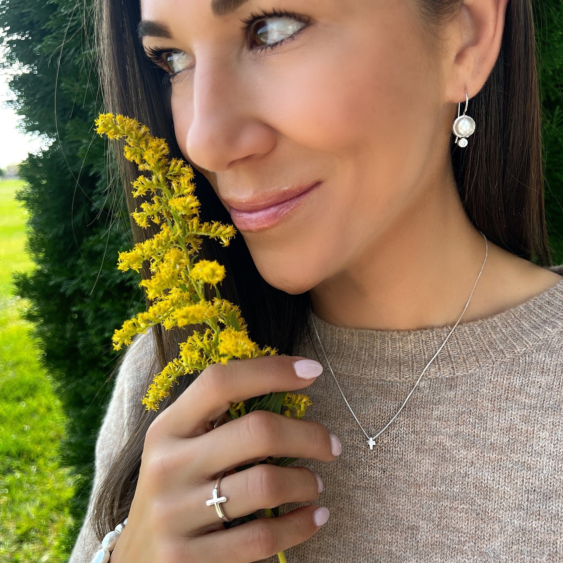 freshwater pearl and cz set in handcrafted sterling silver