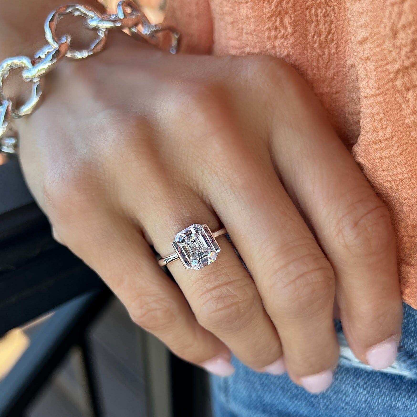high-polished, emerald-cut cz engagement style ring in sterling silver