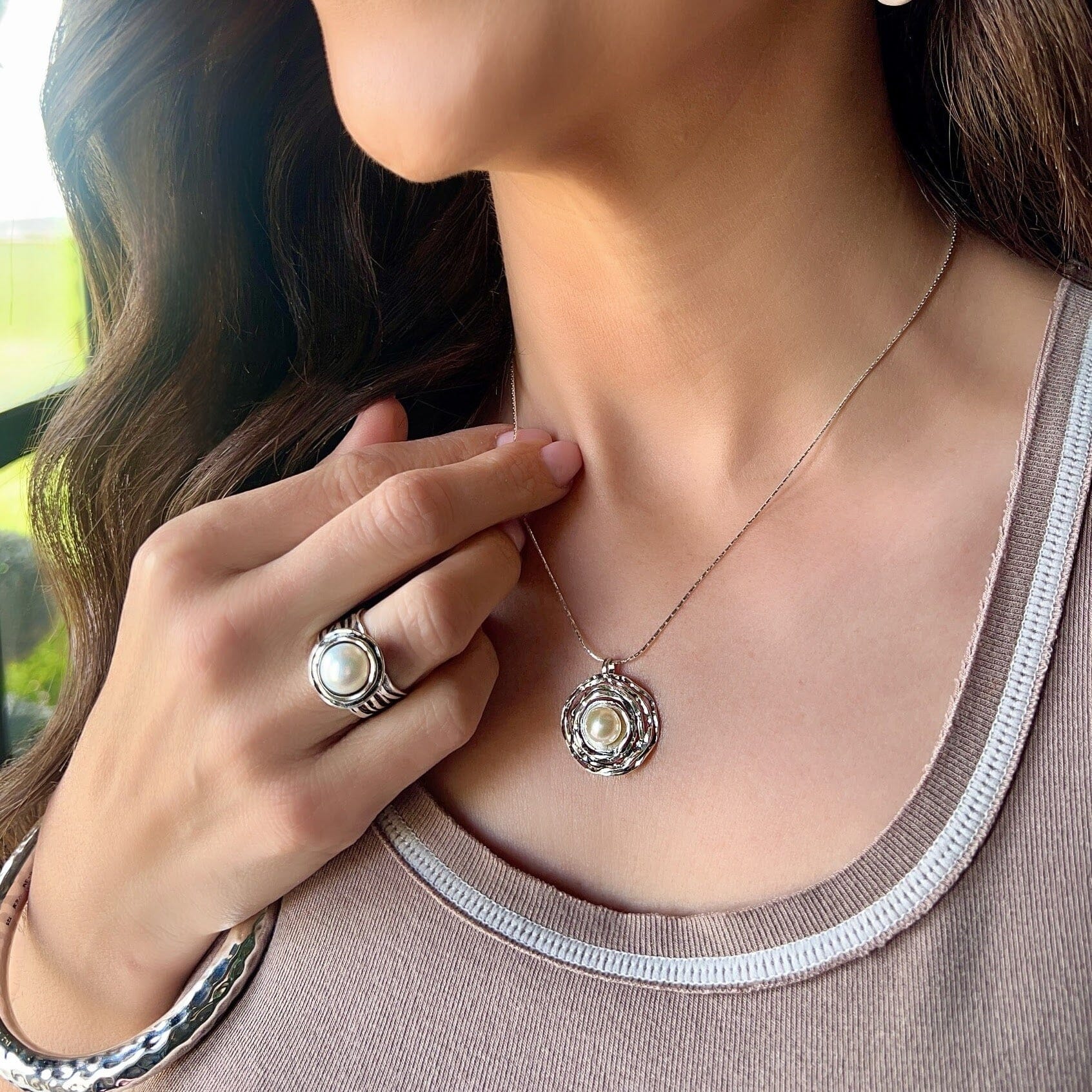 matching Ella Necklace and Ring featuring sterling silver and freshwater pearl