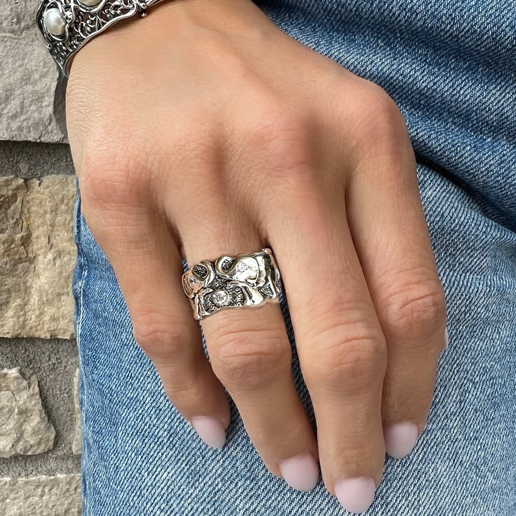 chunky silver Ellie Ring featuring cubic zirconia stones
