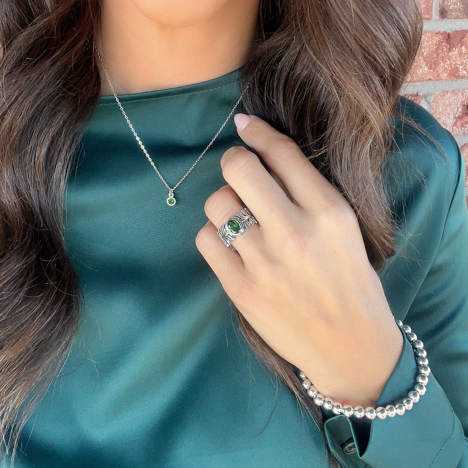 Emerald Palm Ring paired with beaded stack bracelet and Birthday girl necklace