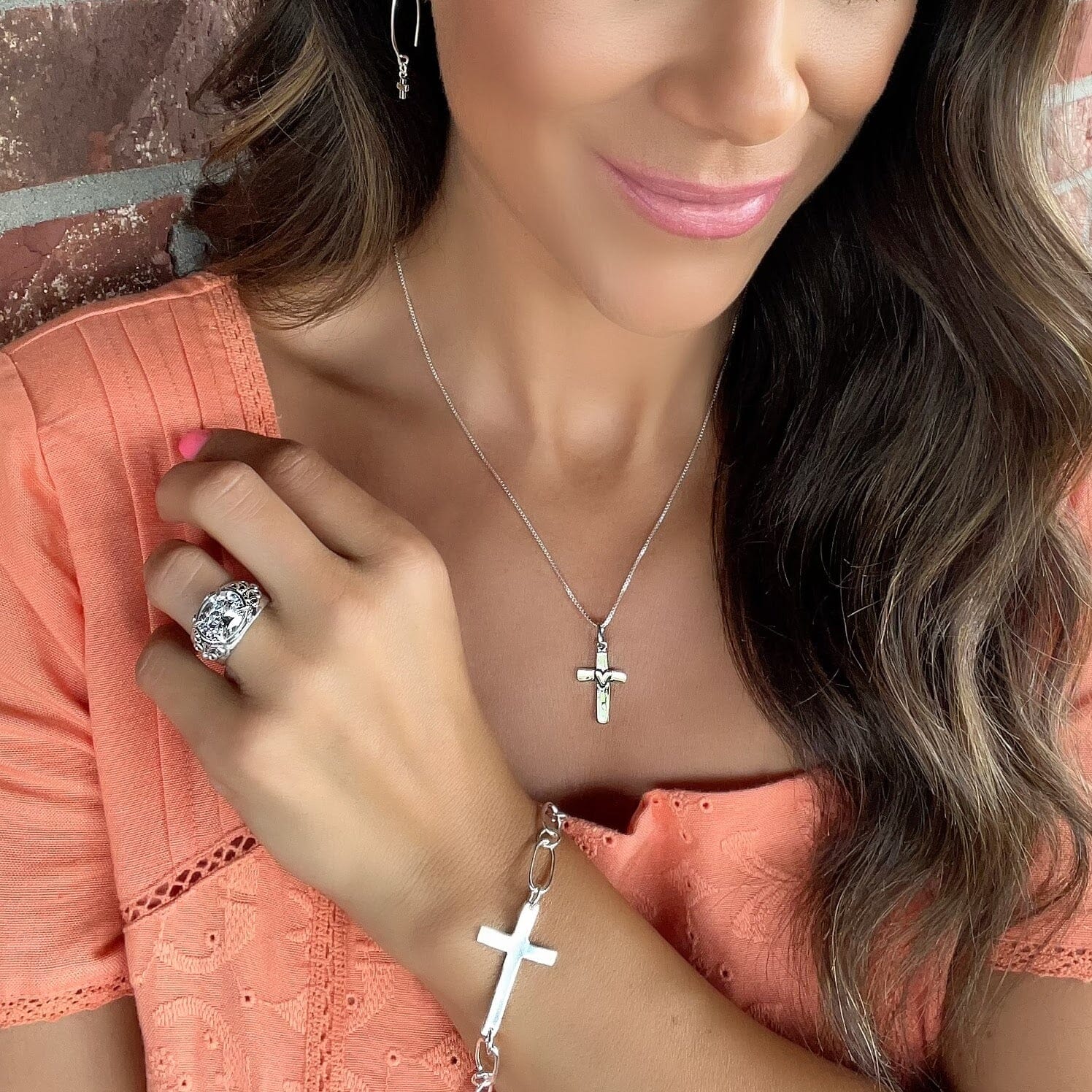 Endearing Cross Necklace with a chunky cz ring and cross bracelet
