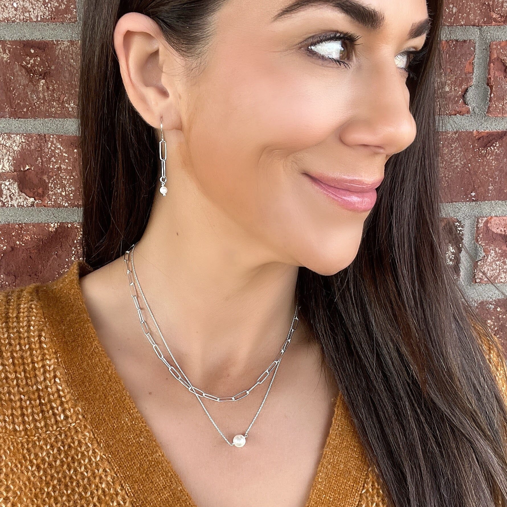 Everyday Grace Necklace layered longer with Simple Paperclip Chain and Line Up Earrings