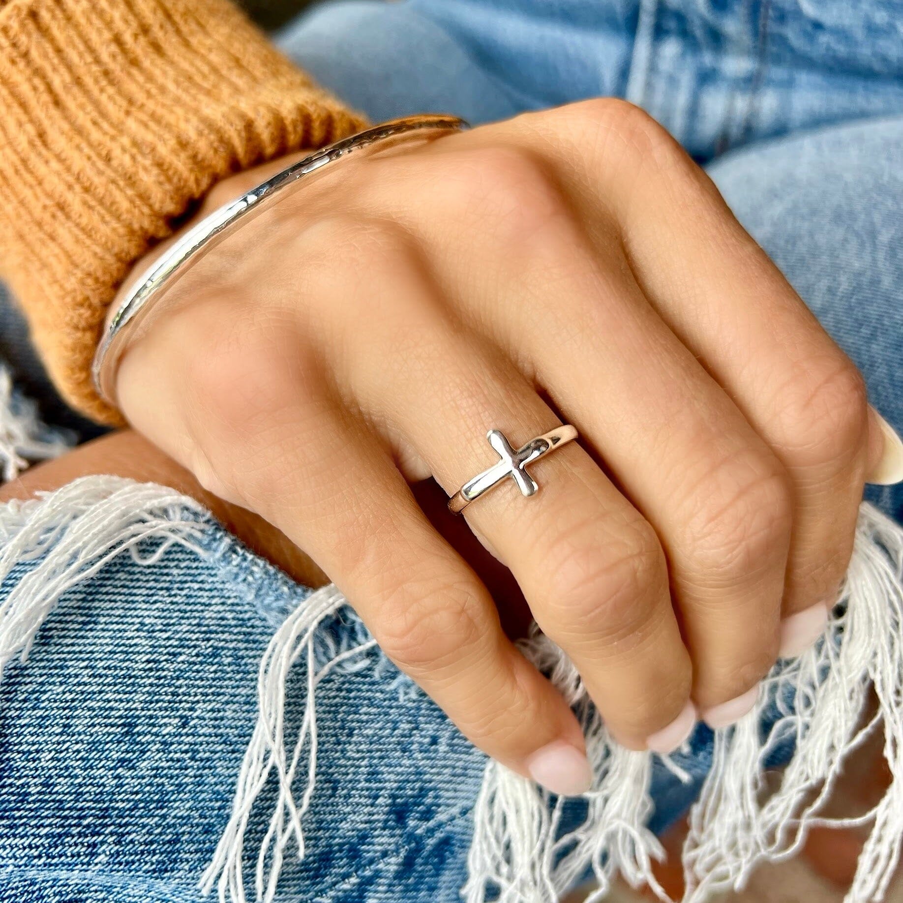 Sterling silver dainty cross ring