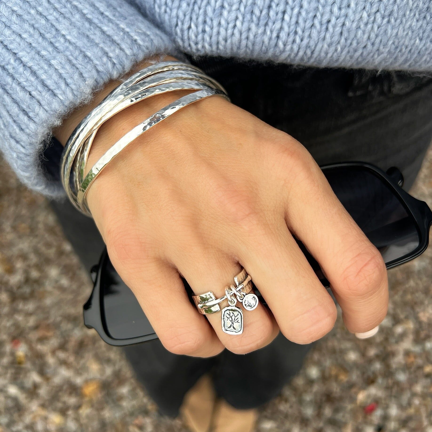 family tree style ring with a cz dangle