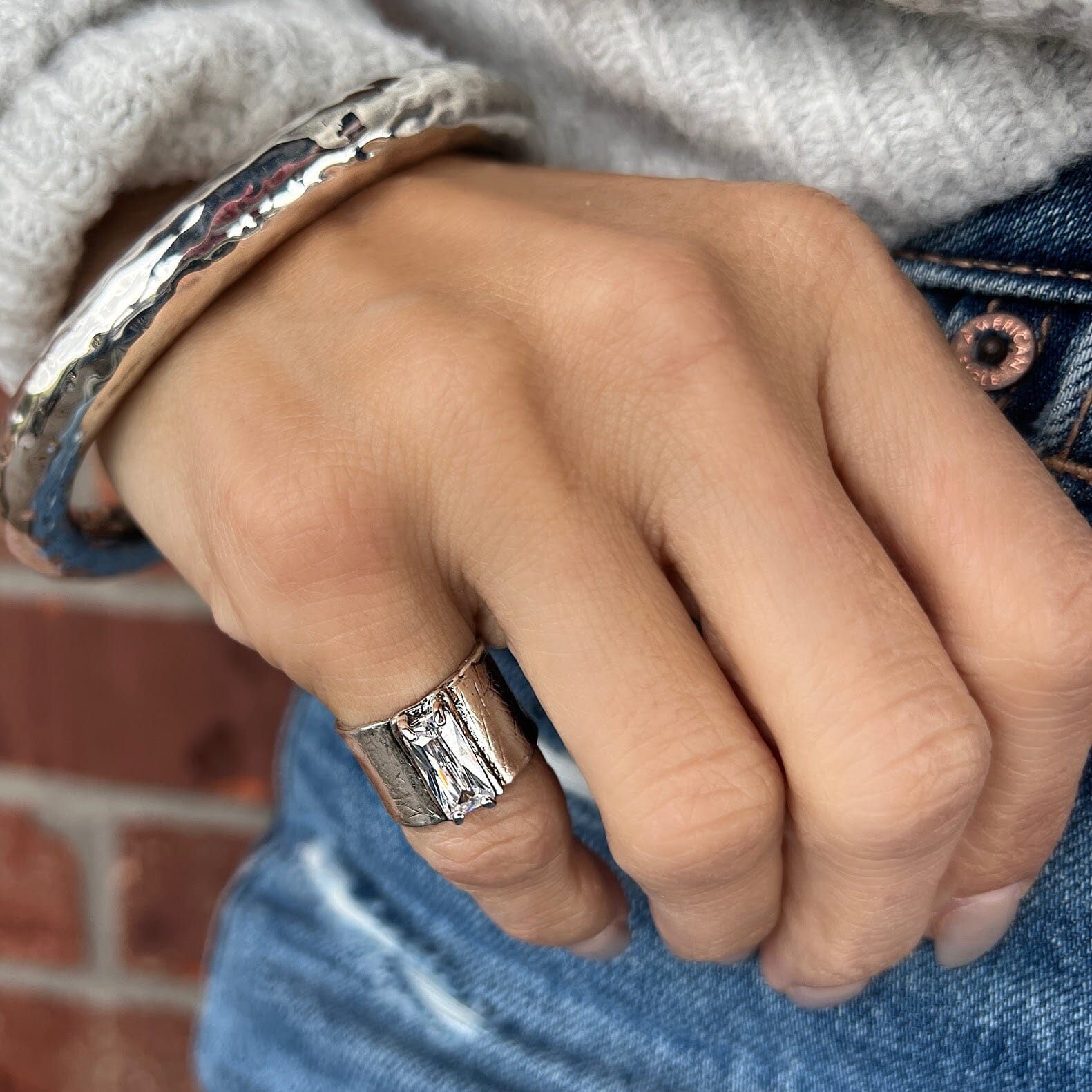 wide silver Fashionista pinky ring with rectangular cz stone