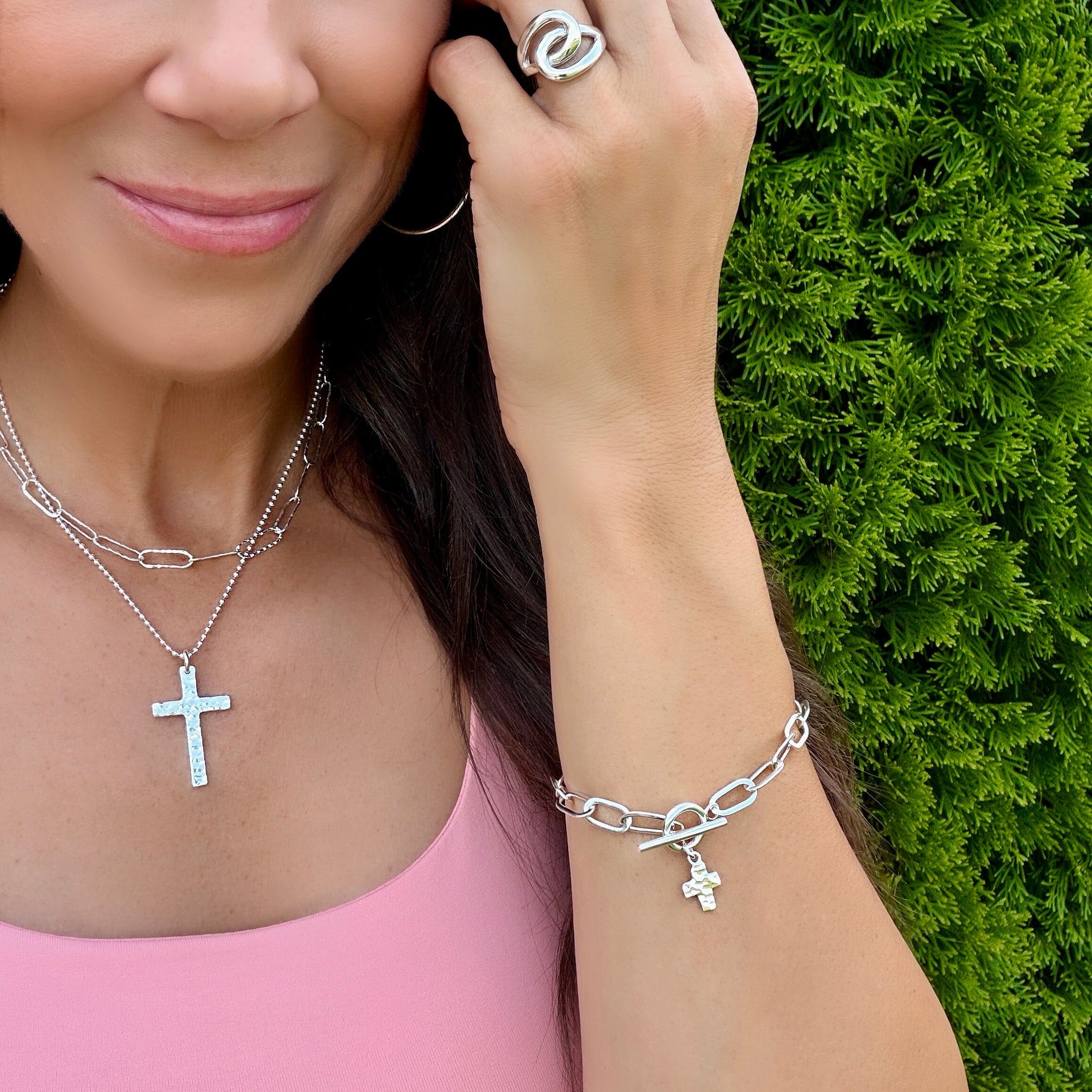 paperclip toggle clasp bracelet with a cross