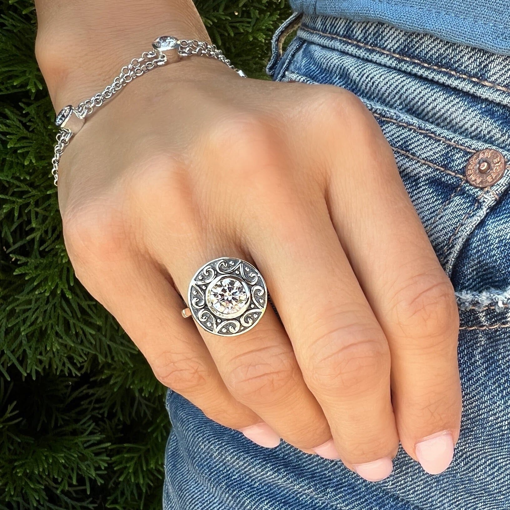 sterling silver circle cz stone, fiesta ring paired with cover story bracelet