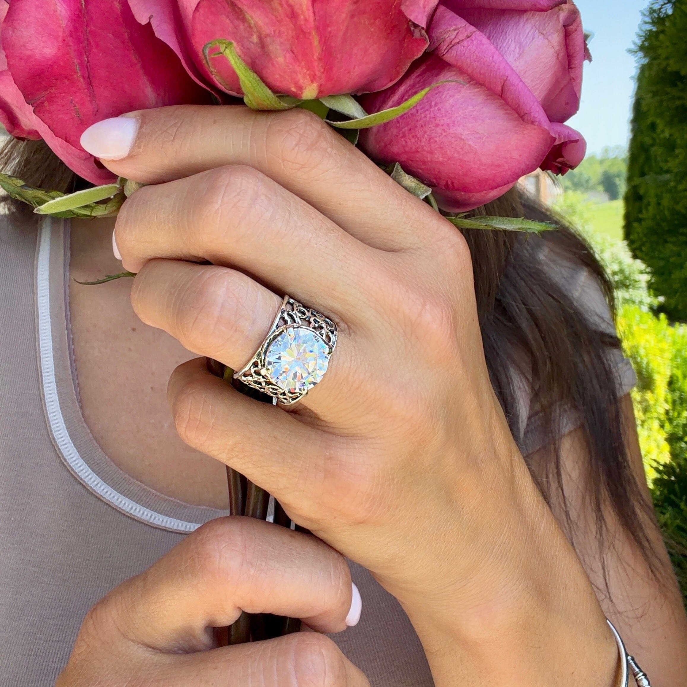 wide sterling silver filigree and cz ring