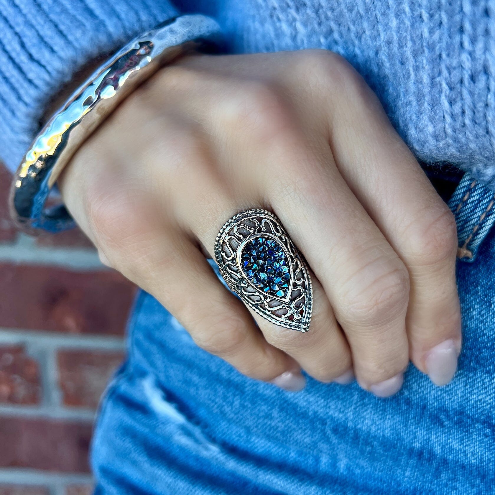 .925 ring, flaunt it ring paired with sonoma bangle