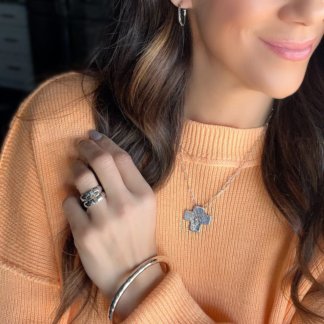 Follow Me Ring paired with Rustic Hoops, My Refuge Necklace and Essentials Bangle