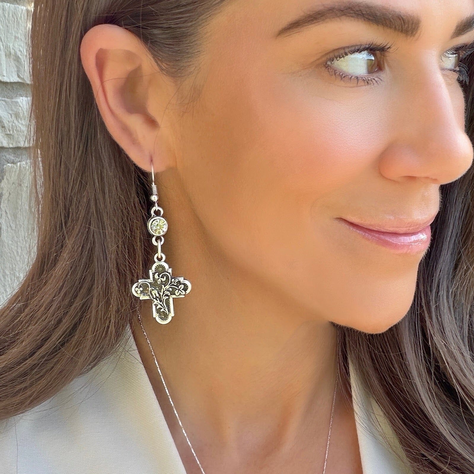 statement Christian cross earrings featuring a round cz