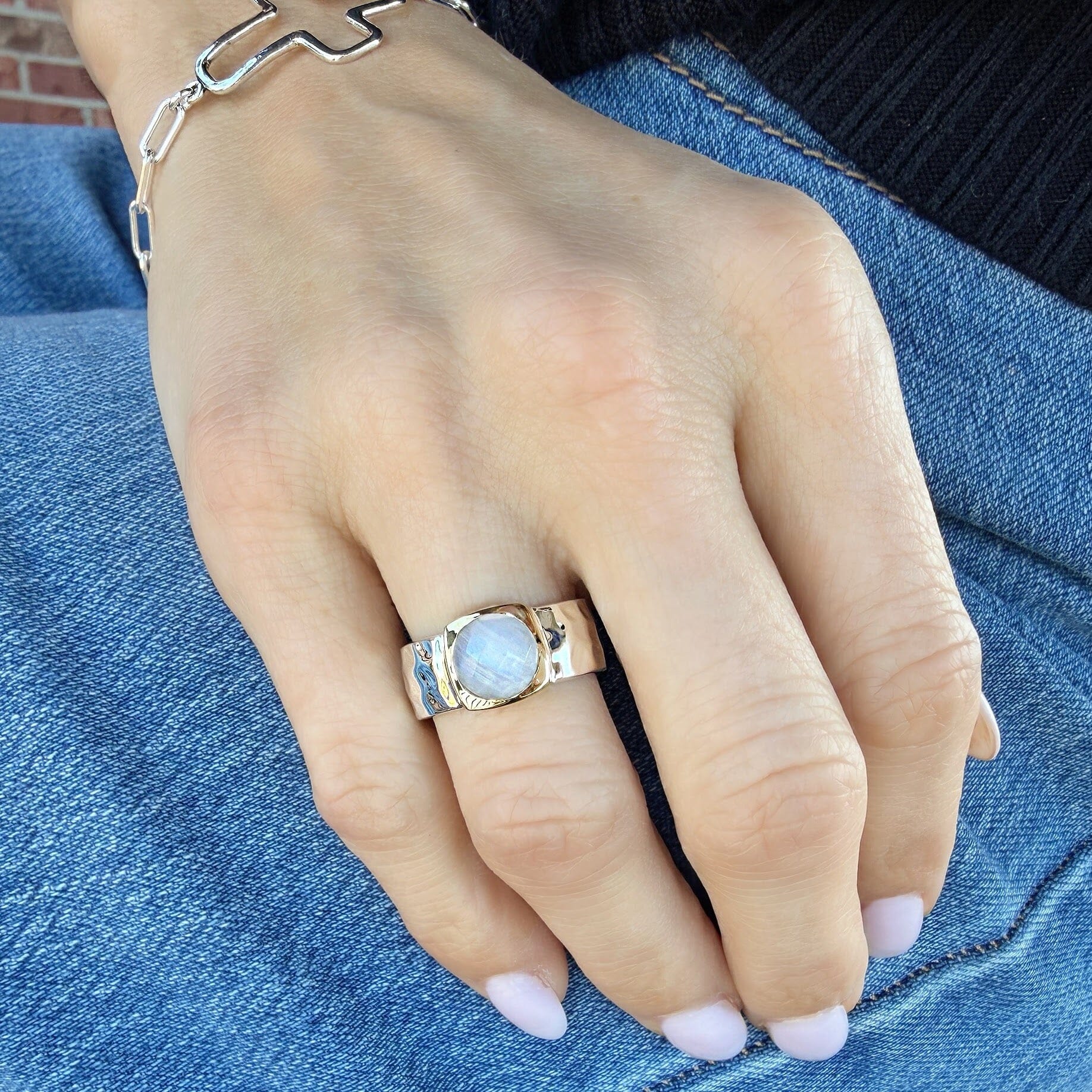 two-toned rainbow moonstone ring
