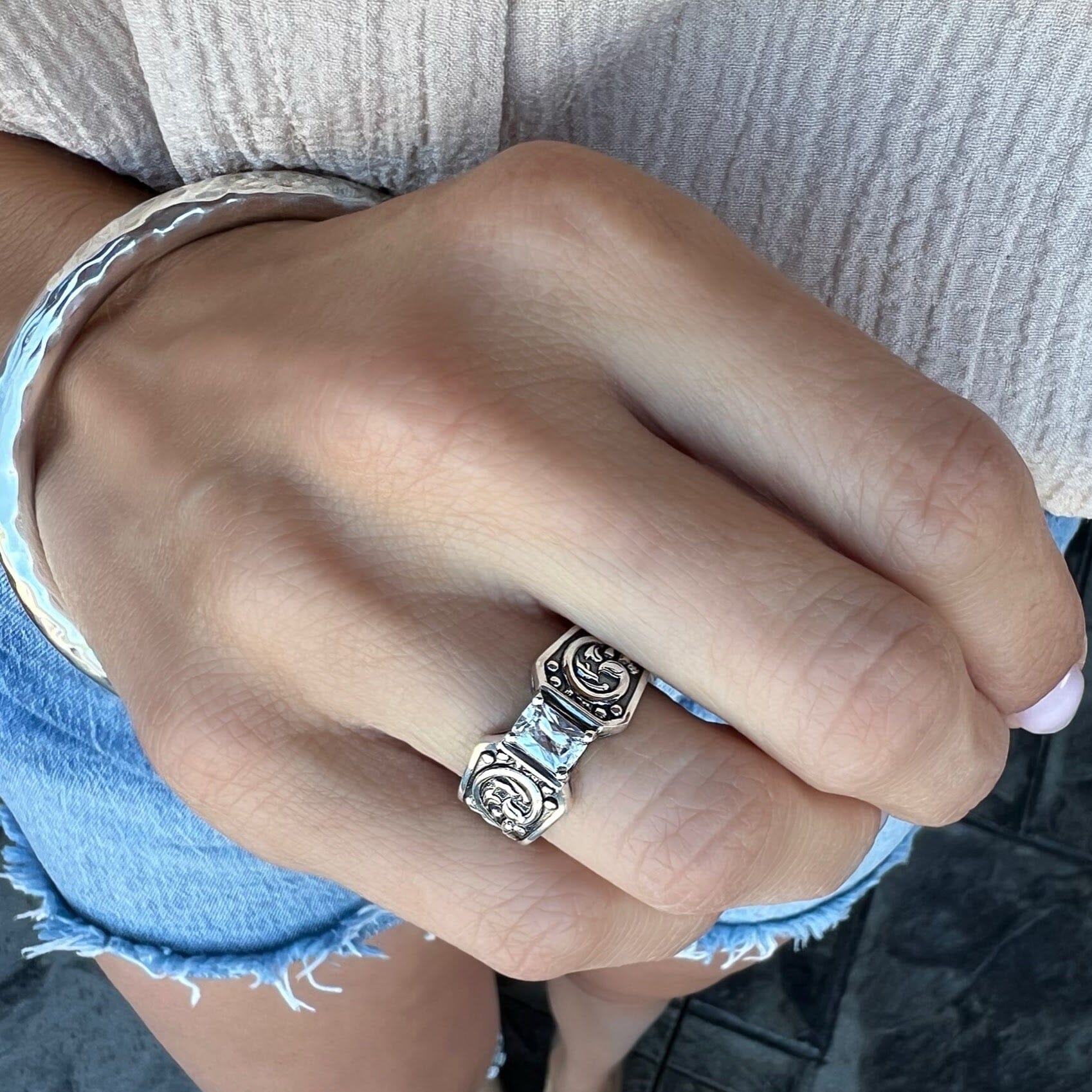 heirloom style ring with a rectangle cz center