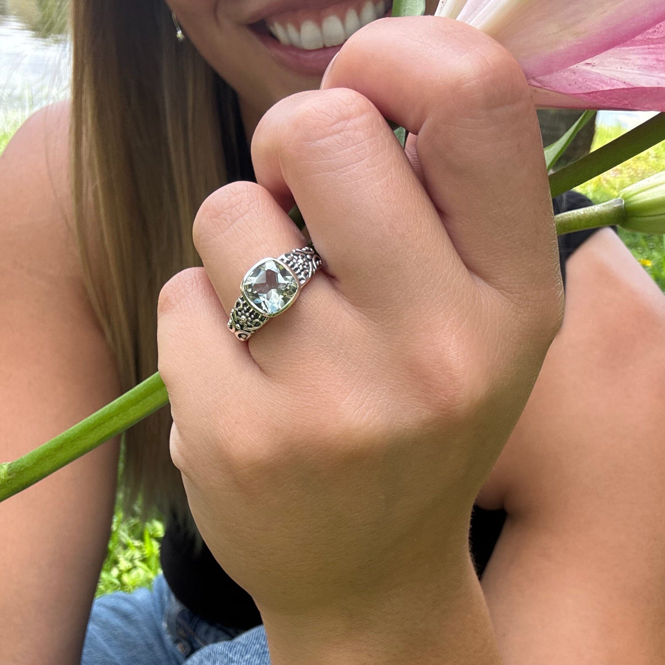 cushion cut green amethyst stone bezel set in a handcrafted sterling silver ring