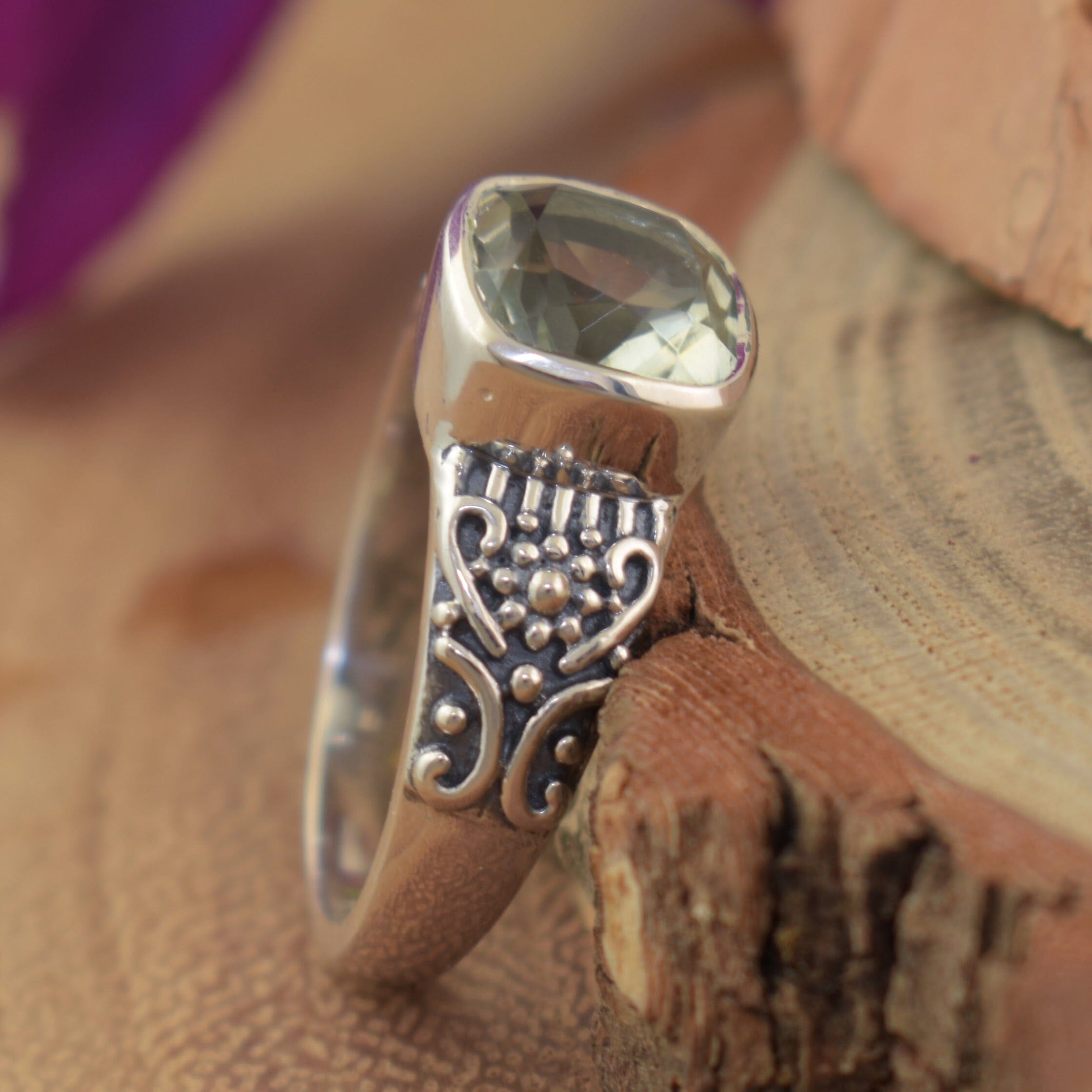 Green Amethyst stone ring with high polish and oxidization 