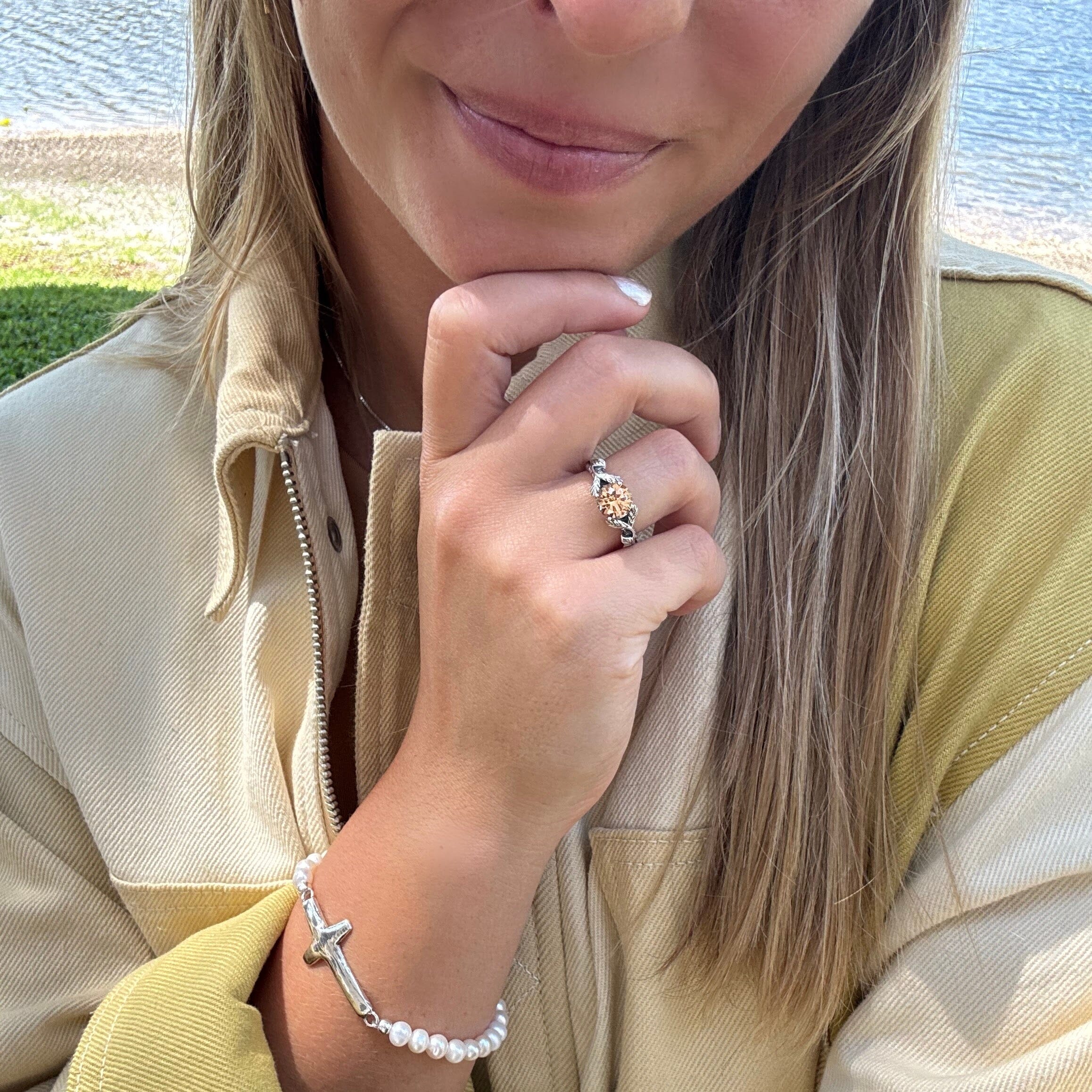 Morganite CZ stone ring called Georgia ring paired with rich in faith ring