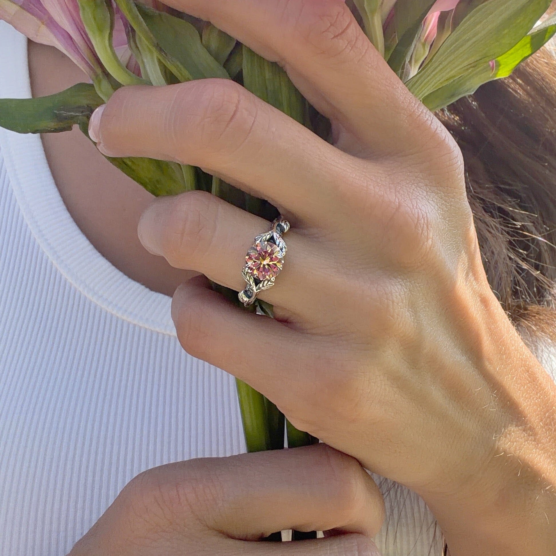 peach colored stone ring prong set n a sterling silve vine-style ring