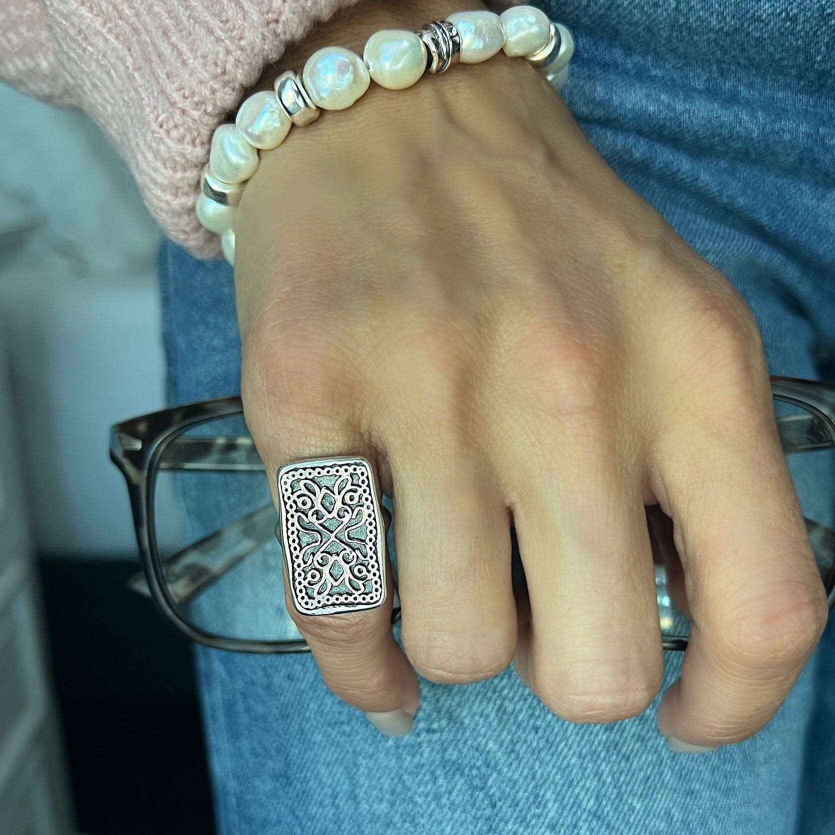 .925  sterling silver ring with lace patten on top, Gigi ring.