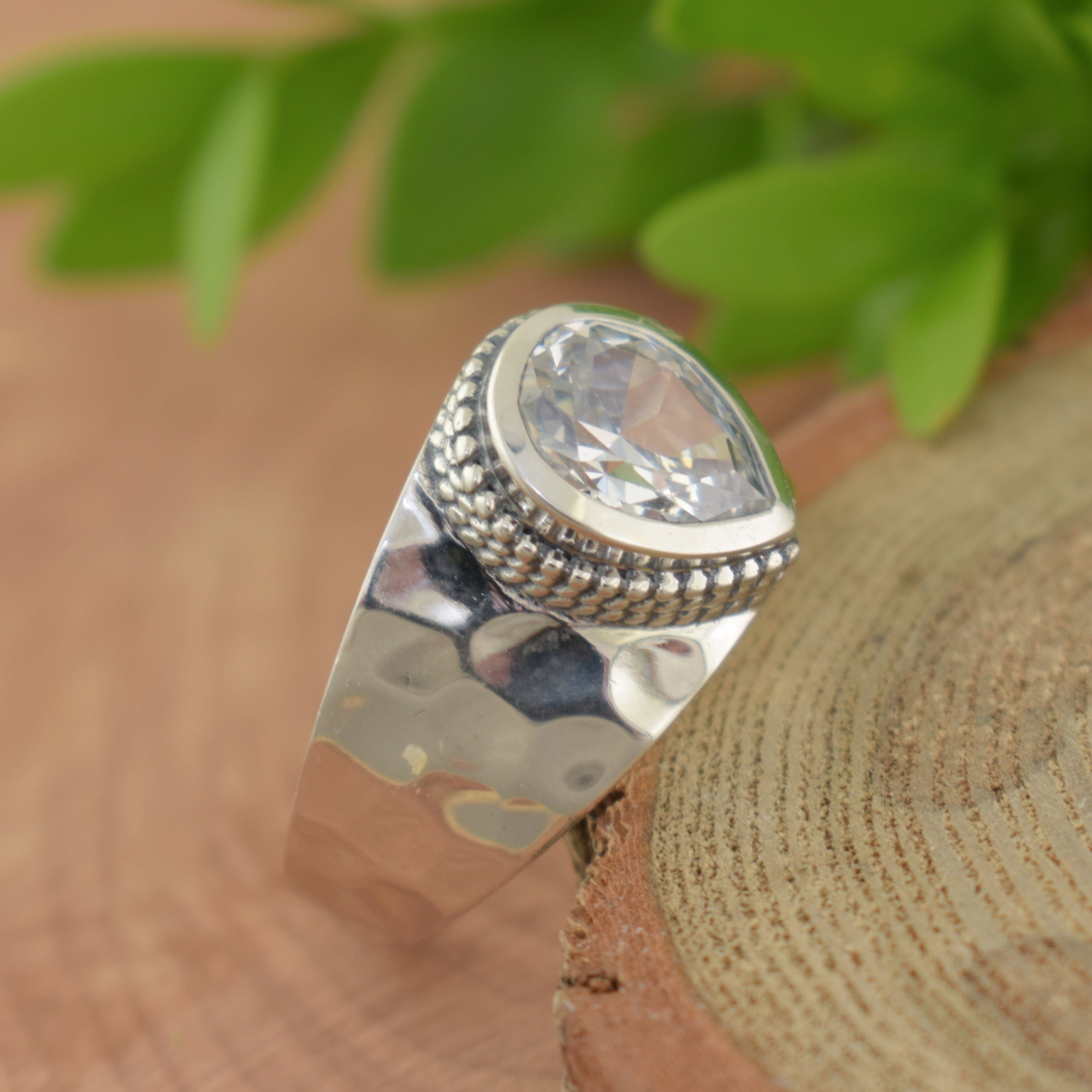 Wide band sterling silver ring with clear cubic zirconia