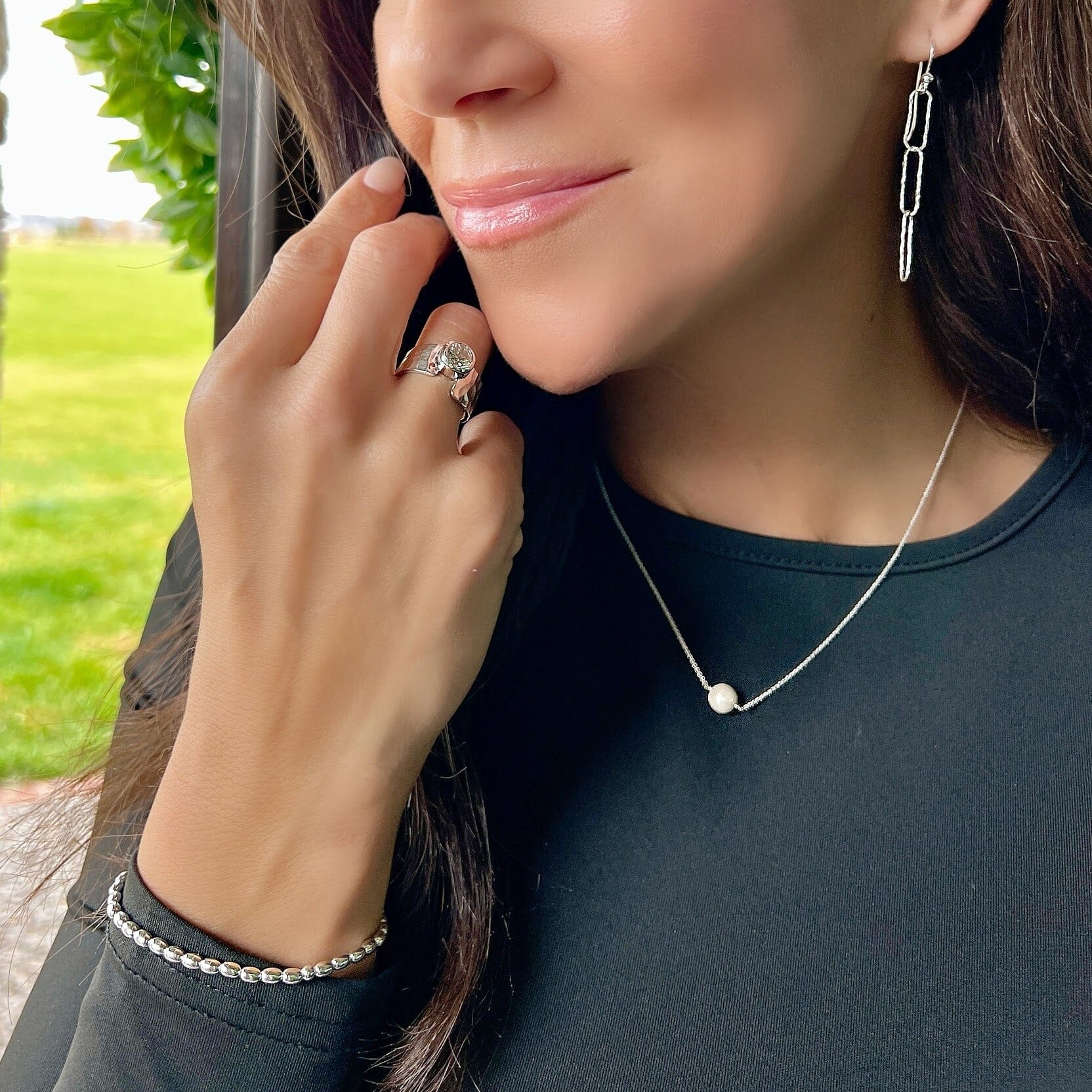 Go & Glow Bracelet paired with Modern Posh Ring, Everyday Grace Necklace, and Hammered Paperclip Earrings