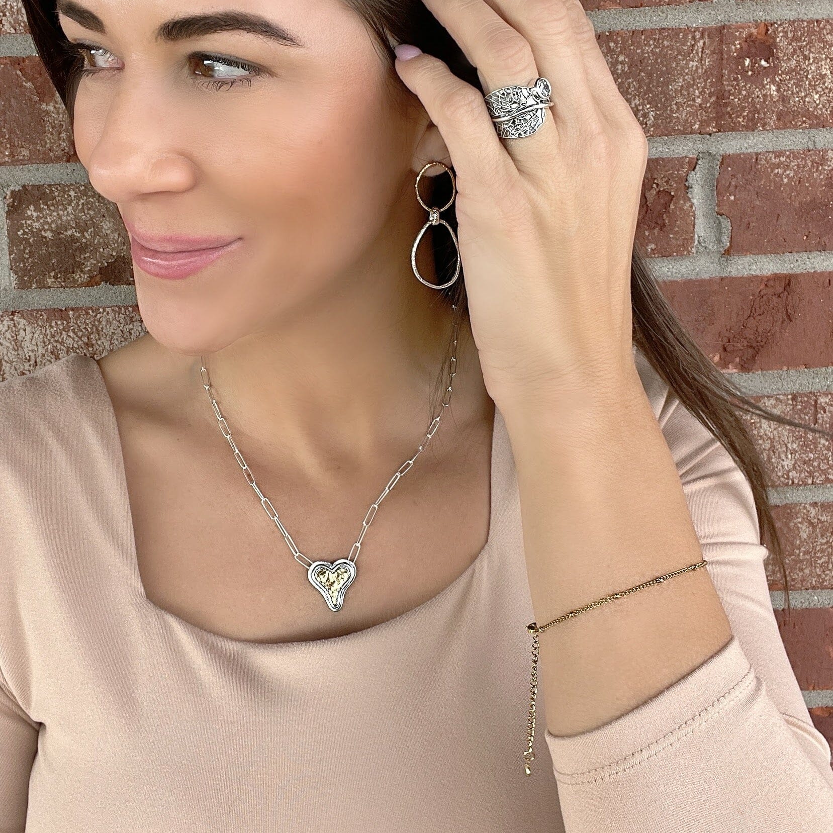 Golden Bead Station Bracelet paired with Maui Bliss Ring, Mixed Messages Earrings, and Posh Heart Necklace