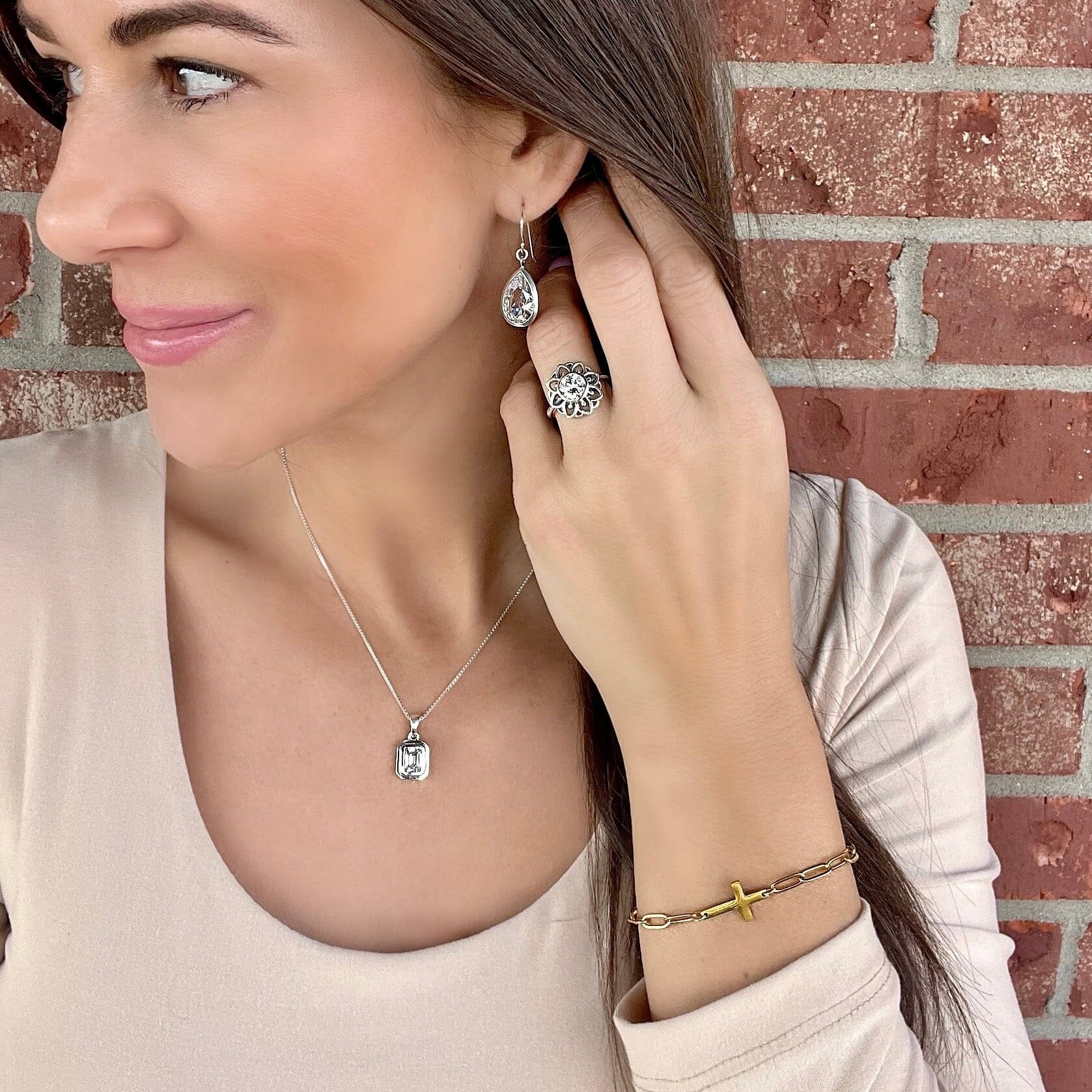 Golden Cross Paperclip Bracelet paired with Lavish Tears Earrings, Tiffany Necklace, and Good Day Sunshine Ring