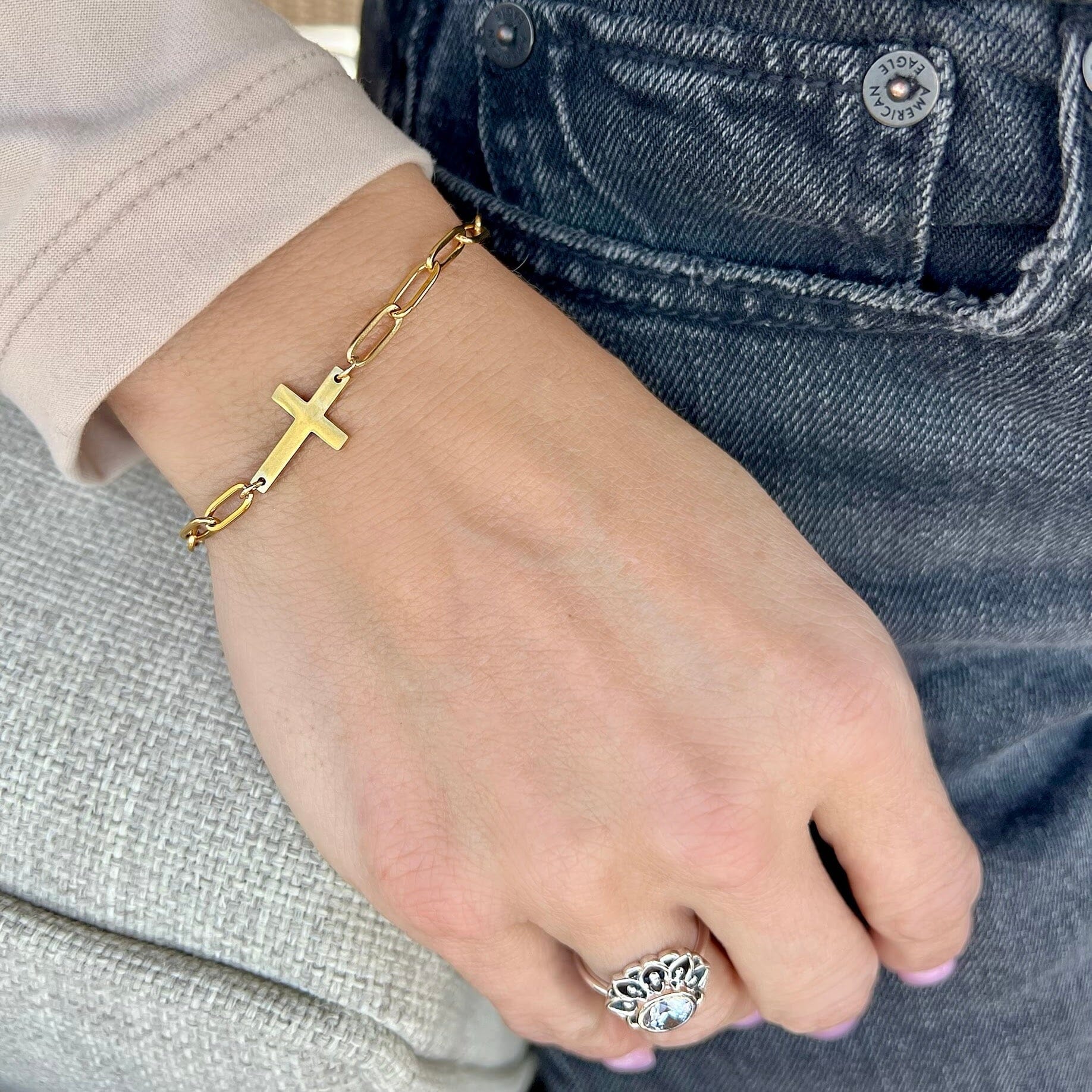 18k gold plated paperclip cross bracelet
