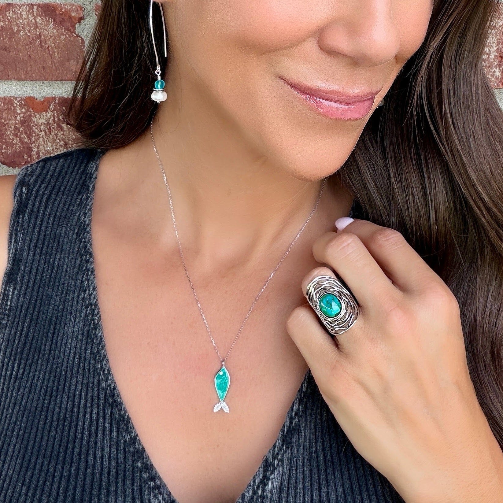 teal enamel and cz fish necklace 