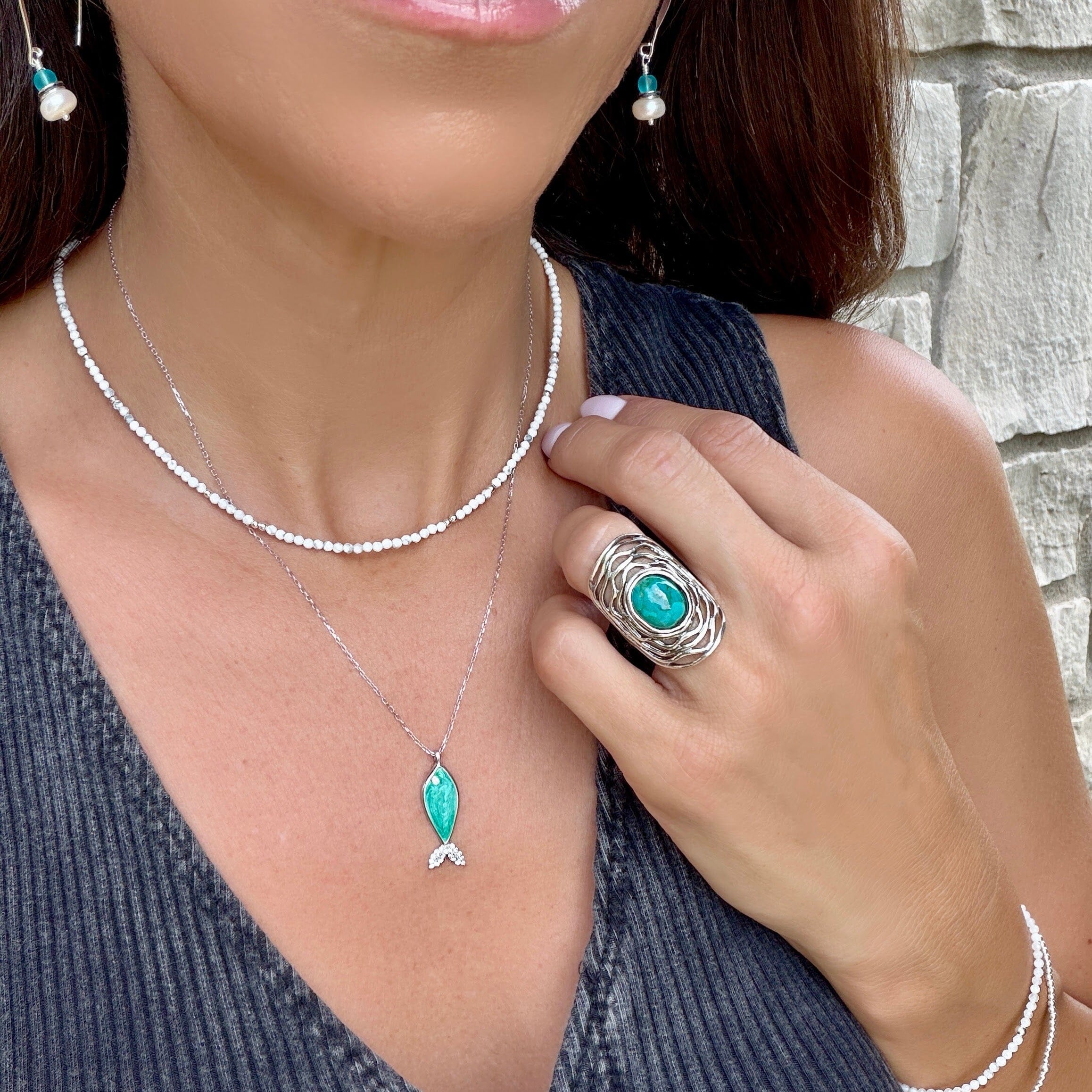 sterling silver rhodium plated fish necklace