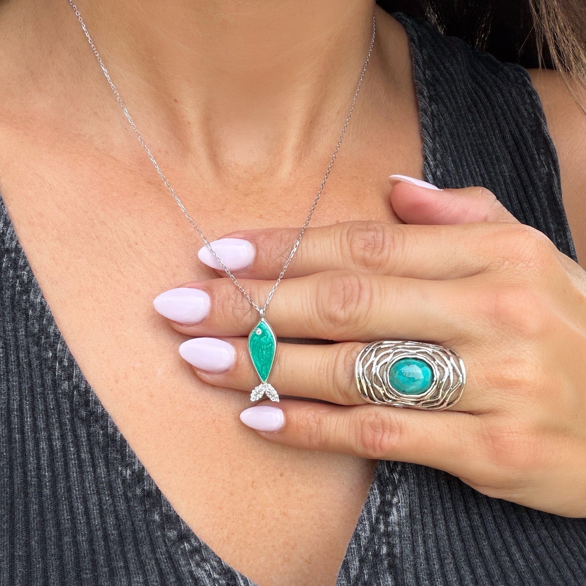 teal enamel fish necklace