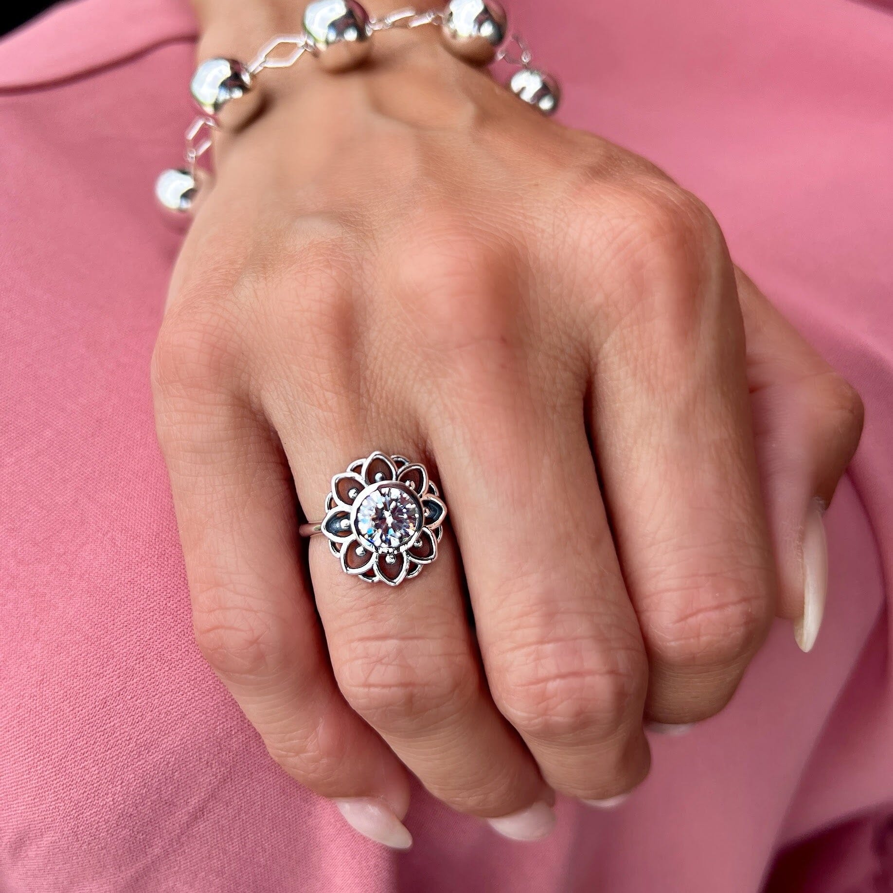 cz flower ring in sterling silver - Good Day Sunshine