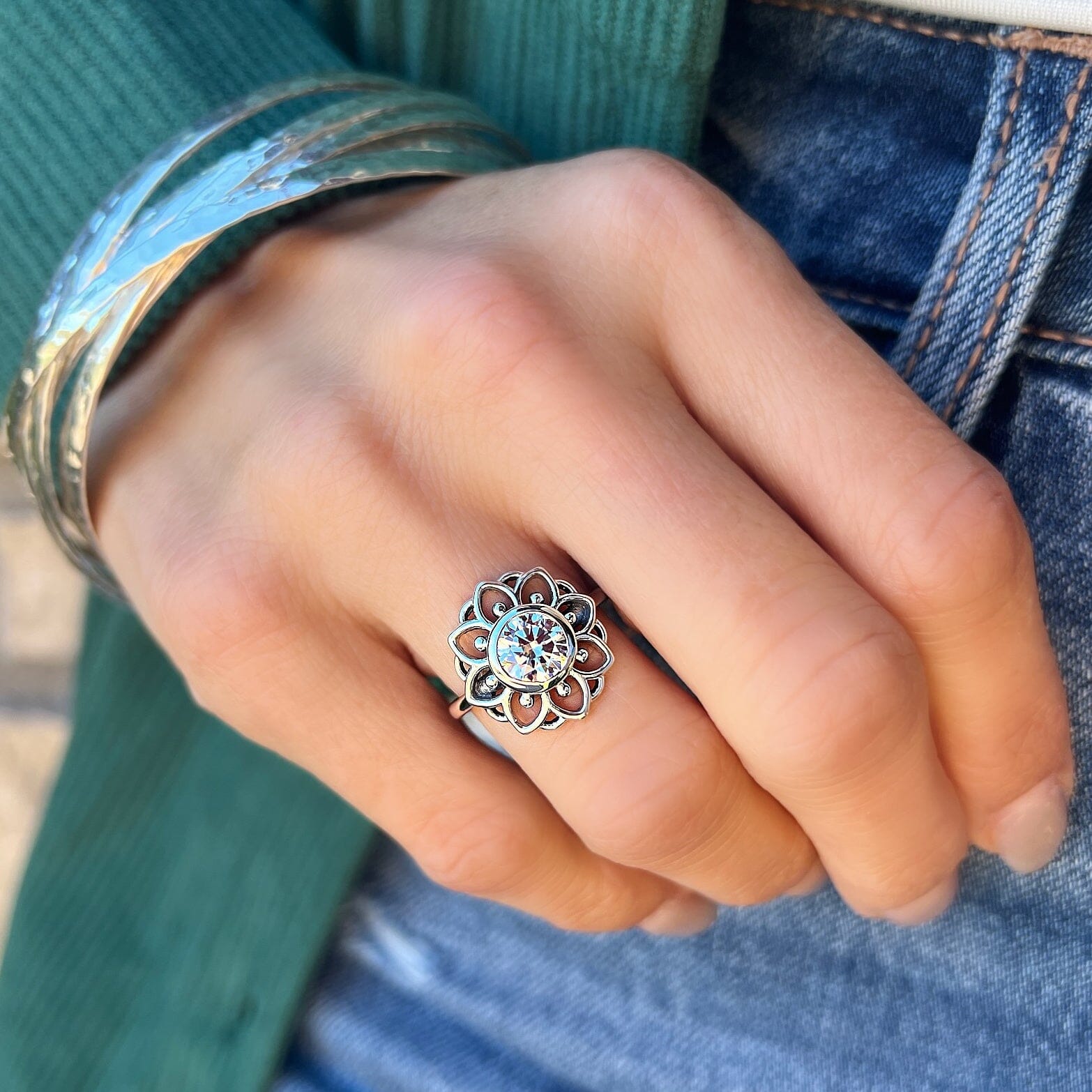 cz flower ring in sterling silver - Good Day Sunshine
