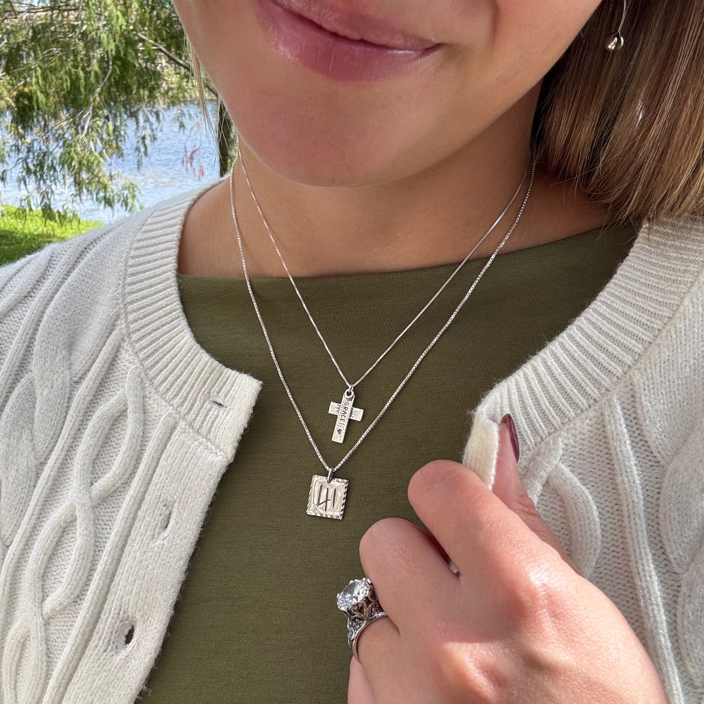 Grace & Heart necklace paired with the 41 necklace, Cinderella ring