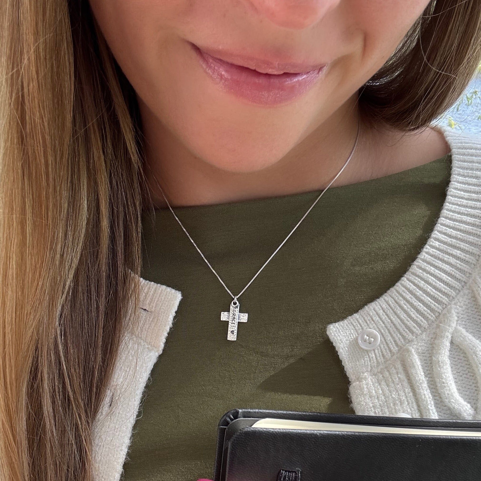Silver cross necklace with Grace and a heart stamped