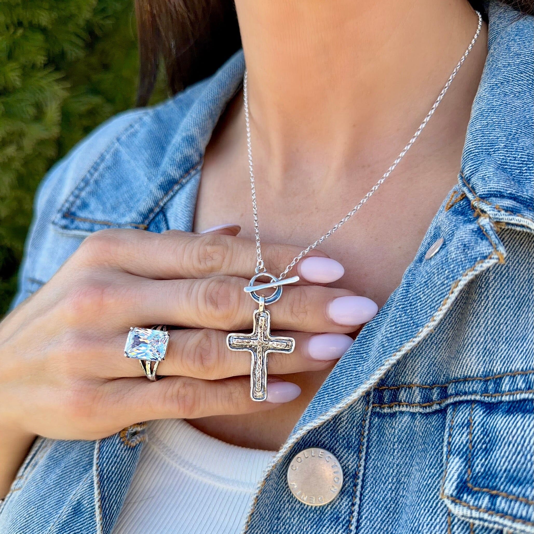 statement cross necklace in oxidized and high polished silver