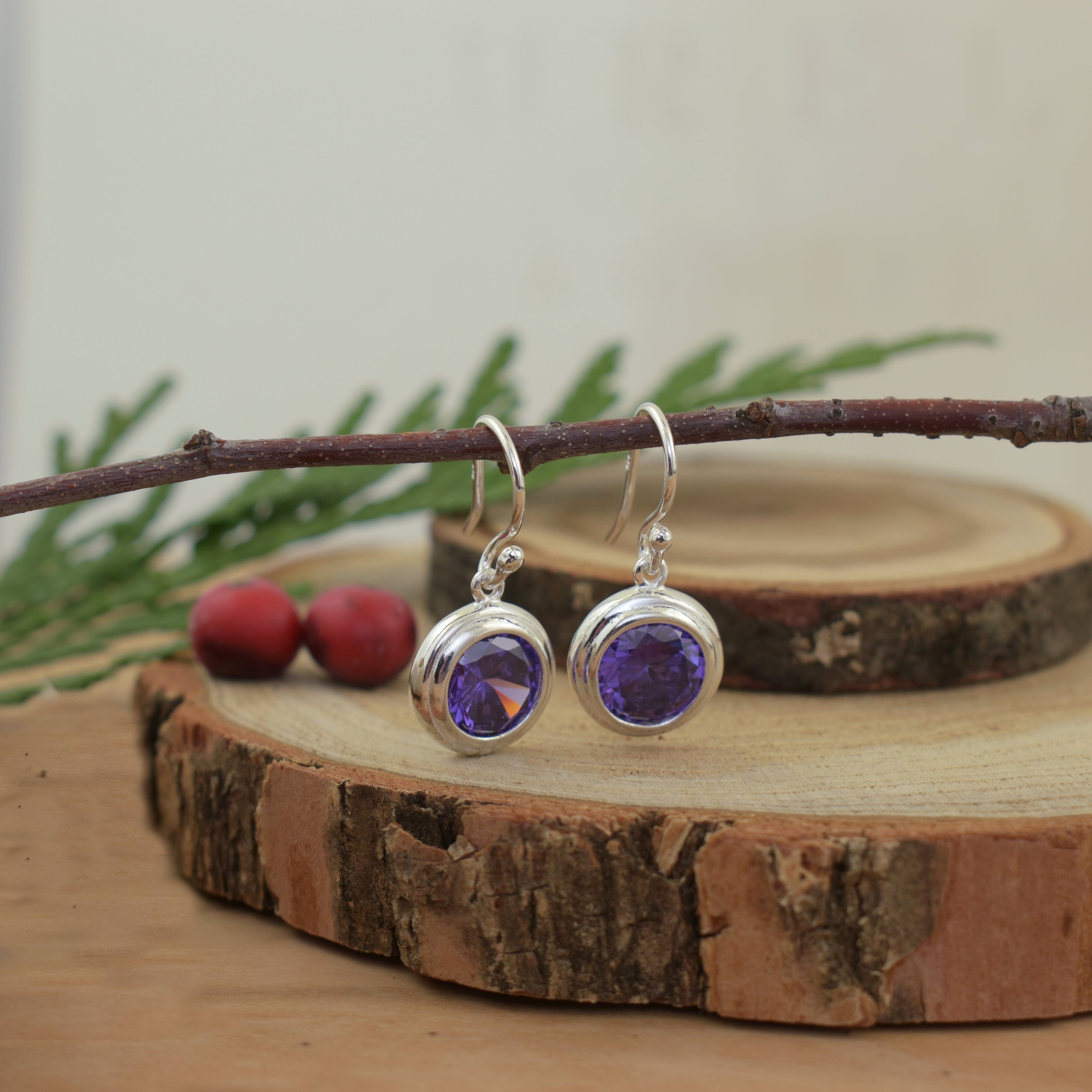 grape colored dangling earrings in sterling silver