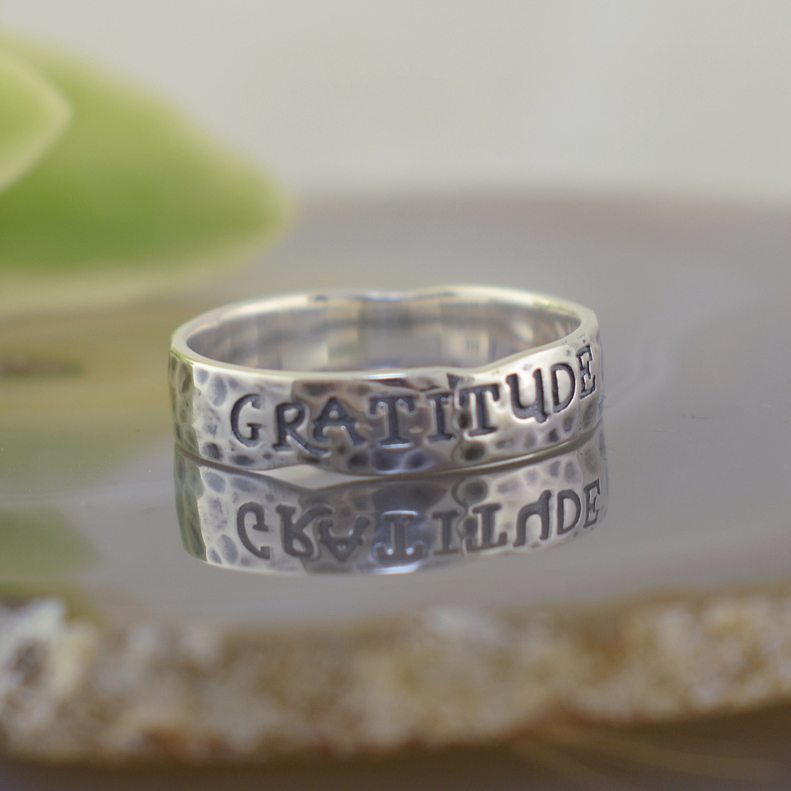 .925 sterling silver ring engraved with word Gratitide