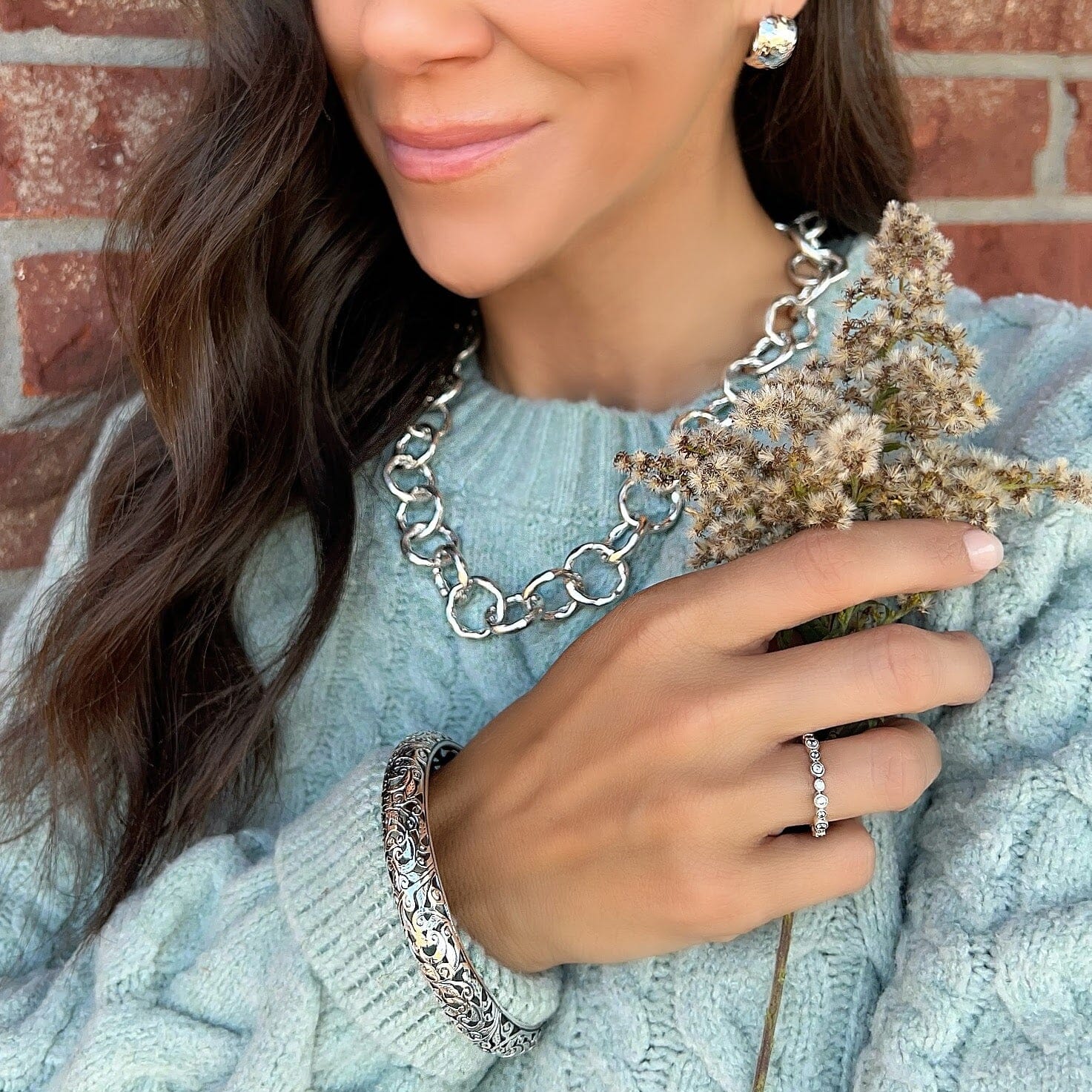 Halo Dance Ring paired with Amarillo Earrings, Today's Girl Necklace, and Sterling Vineyard Bangle