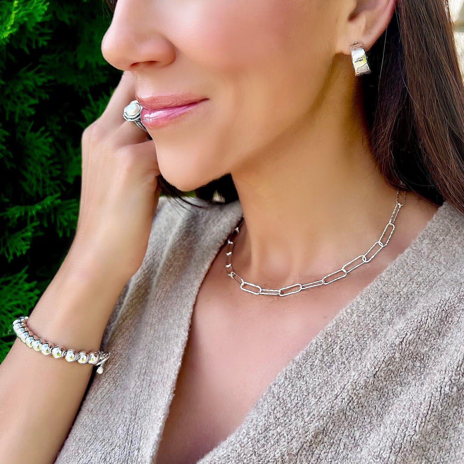 Hammered paper clip chain paired with dust and silver earrings and ella ring and hav'n a ball bracelet