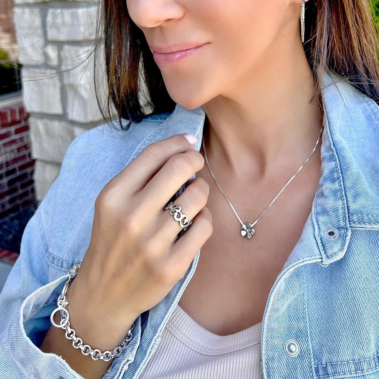 Heart & Hollow Ring paired with Hand Forged Hoops, Susannah Necklace, and Bonita Bracelet