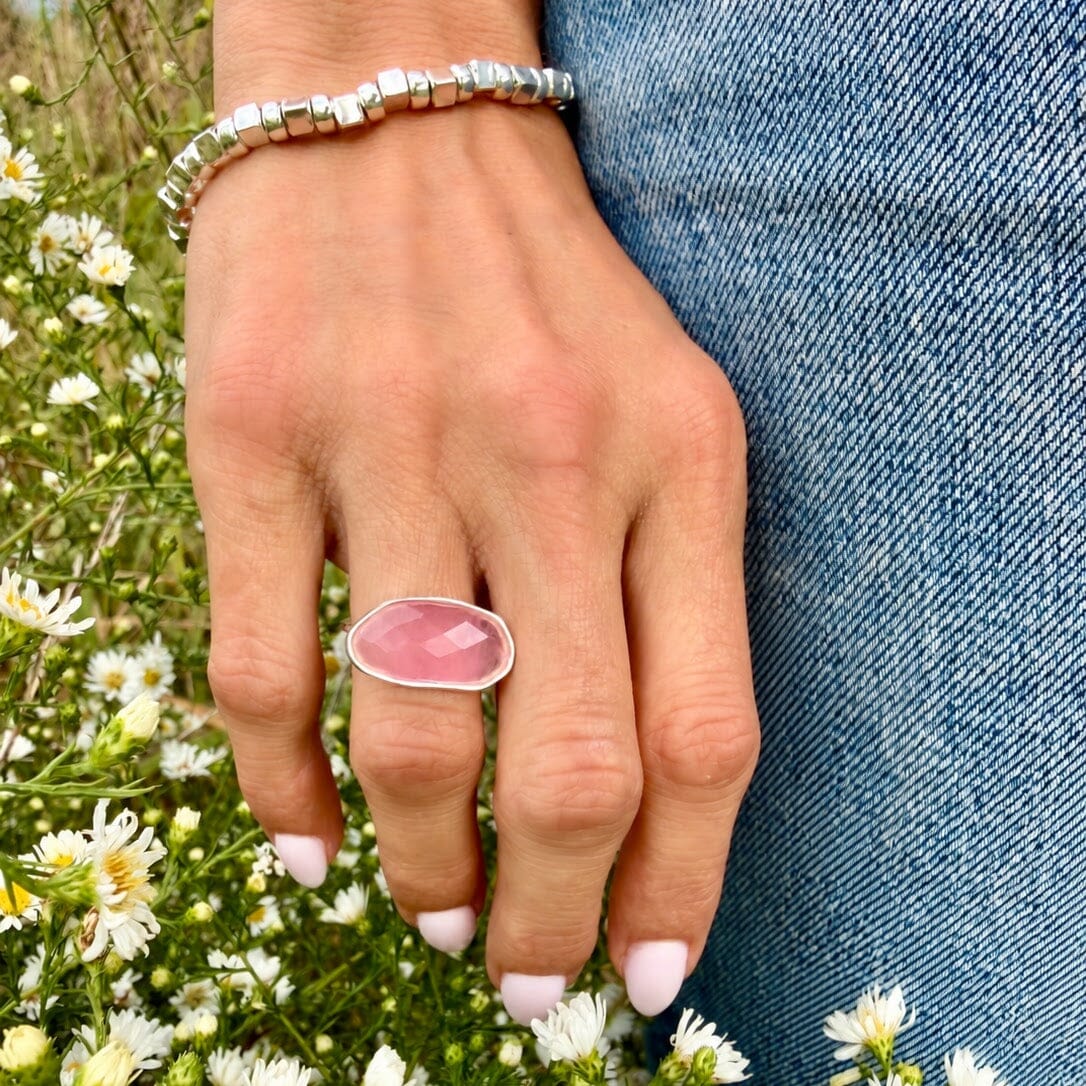 sterling silver statement ring featuring a pink quartz
