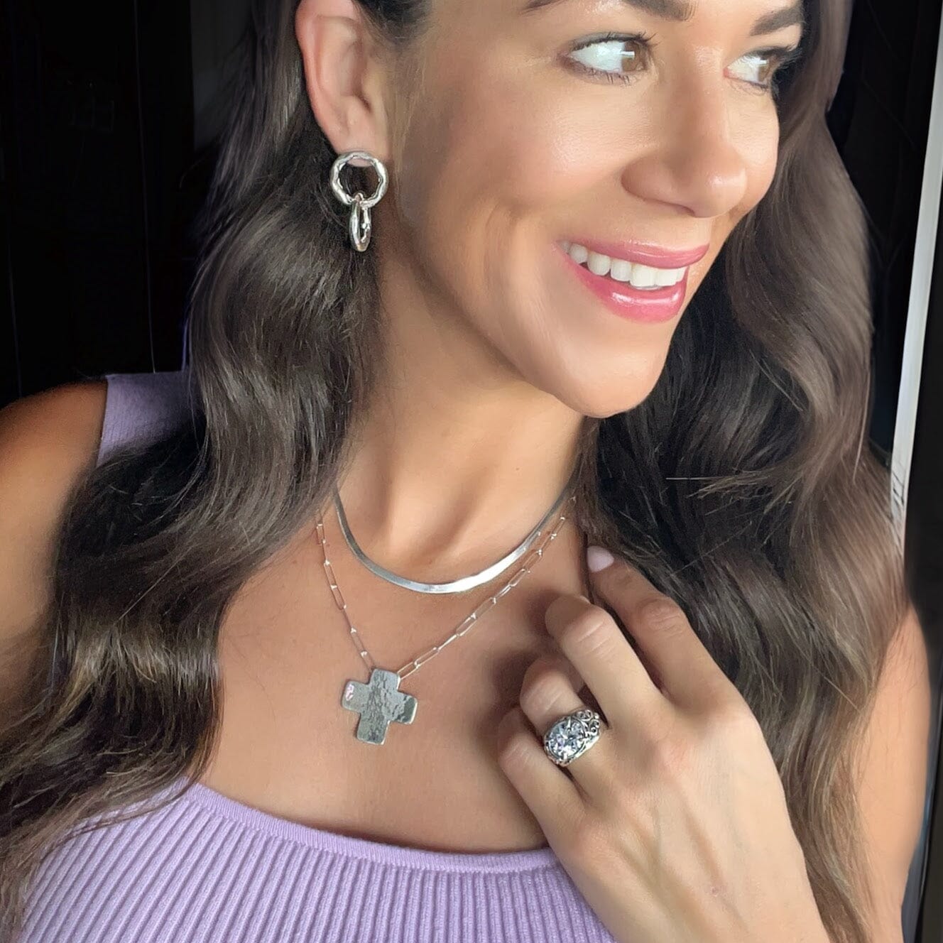 Herringbone Chain layered with a sterling silver cross necklace