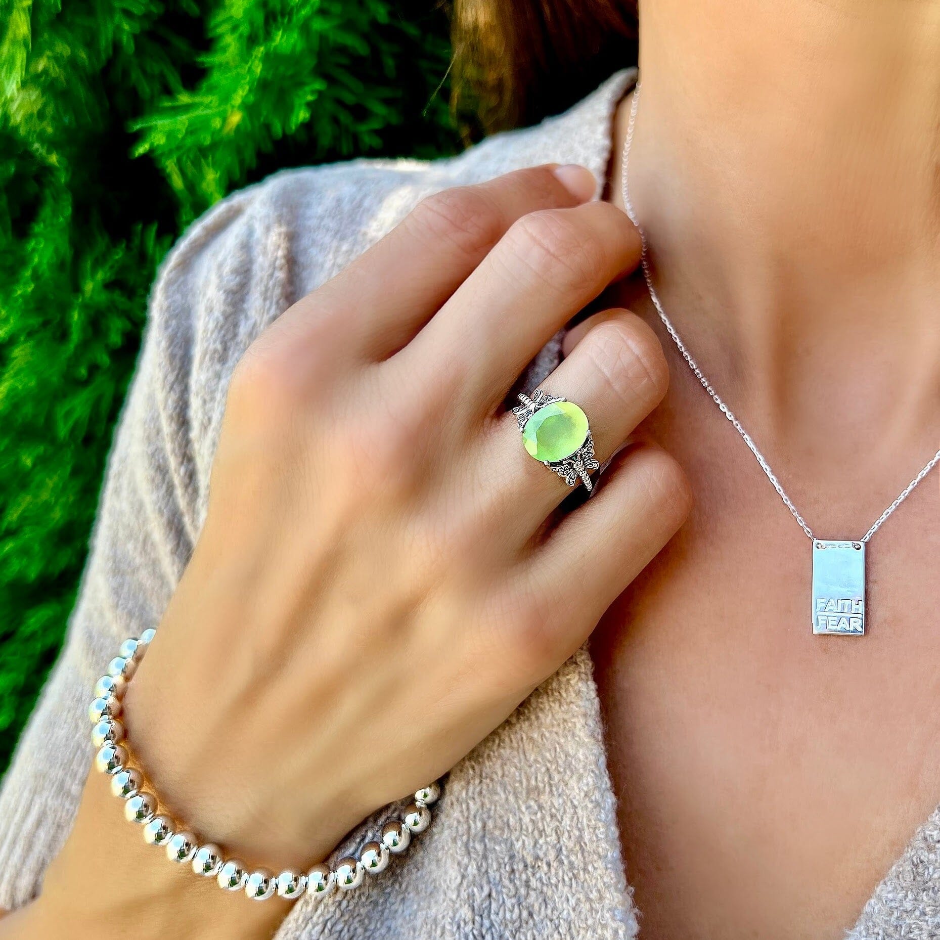 Prehnite Chalcedony stone ring paired with beaded stack bracelet