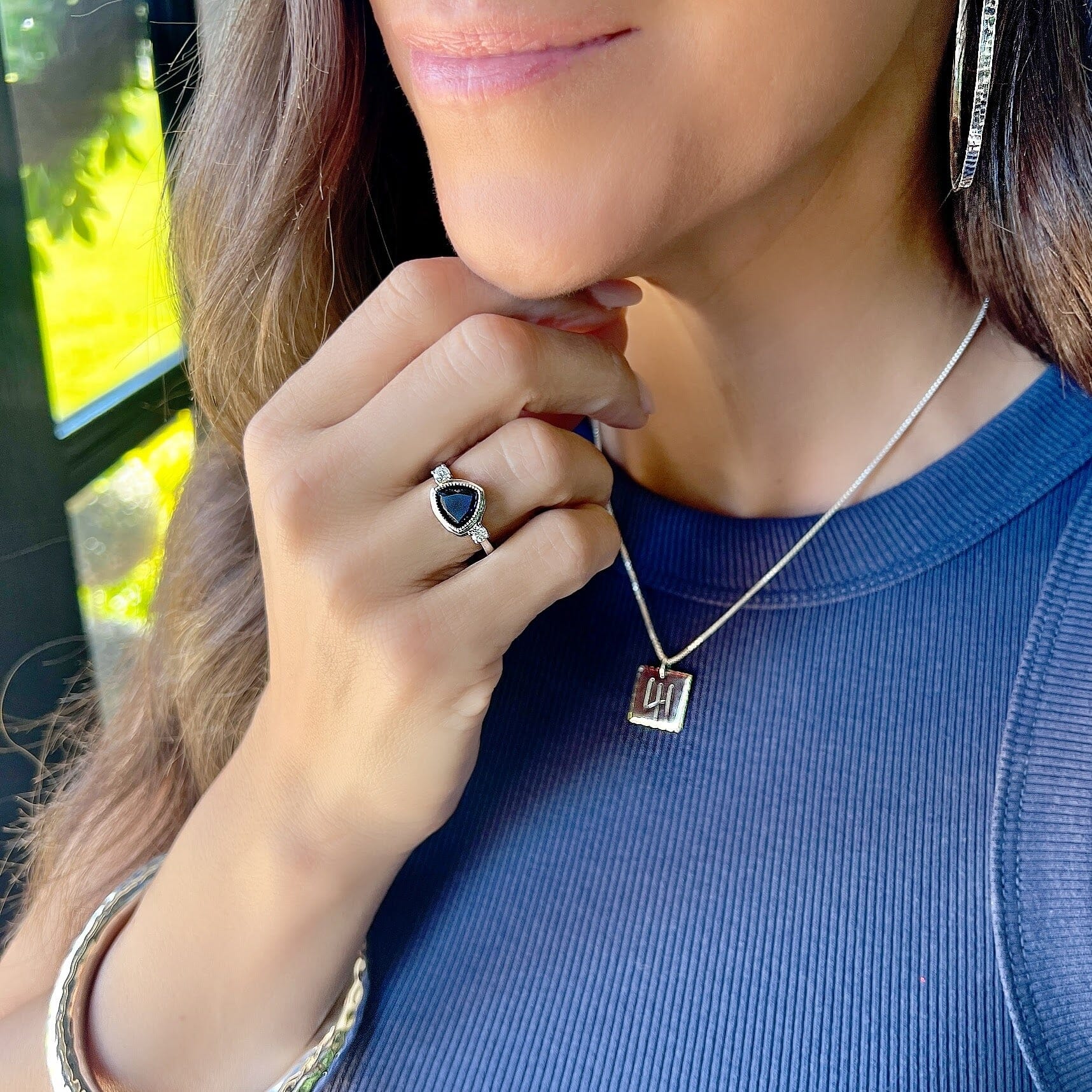 sterling silver ring the Honor ring paired with hammered bliss bangle and the 41 necklace