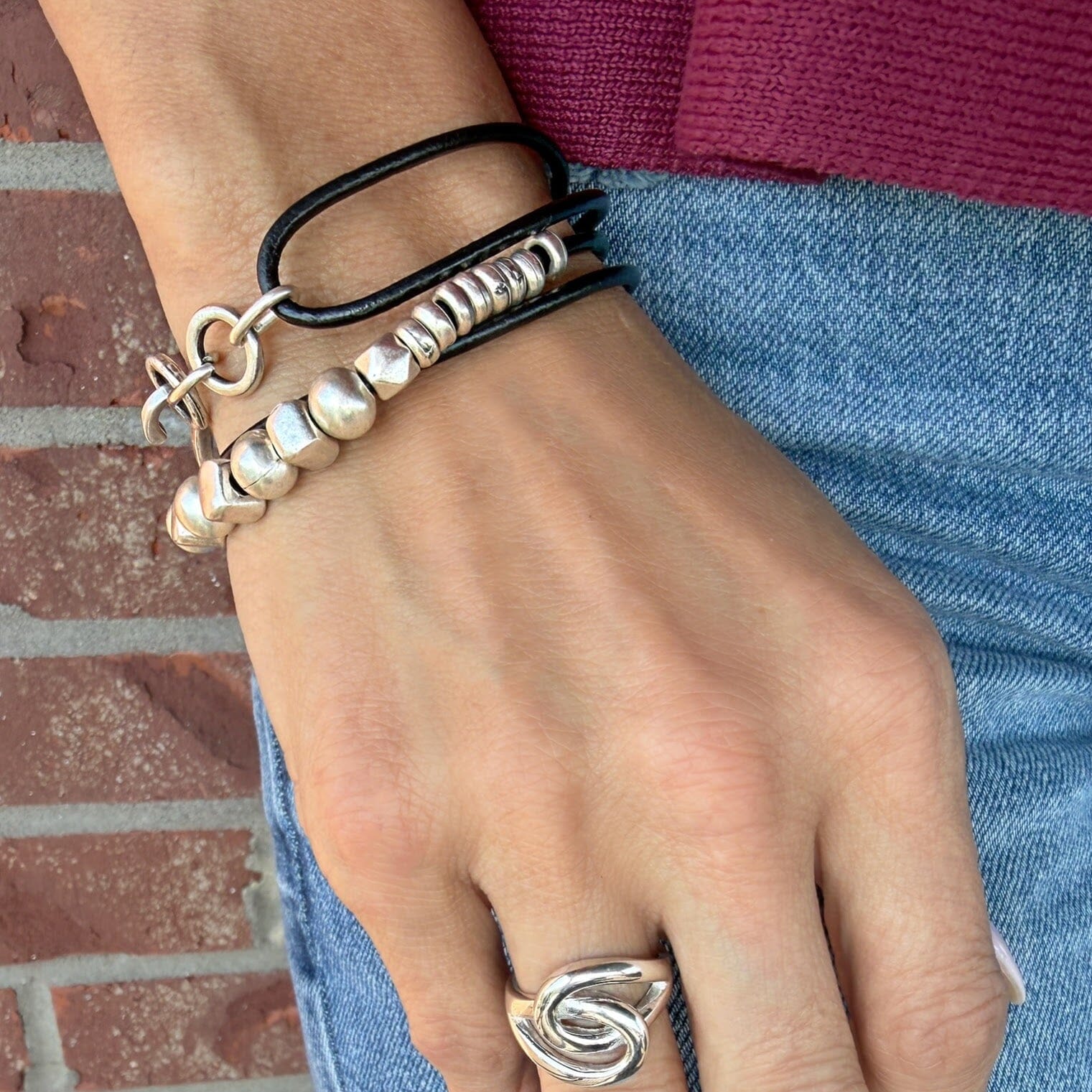 women's leather and silver wrap bracelet