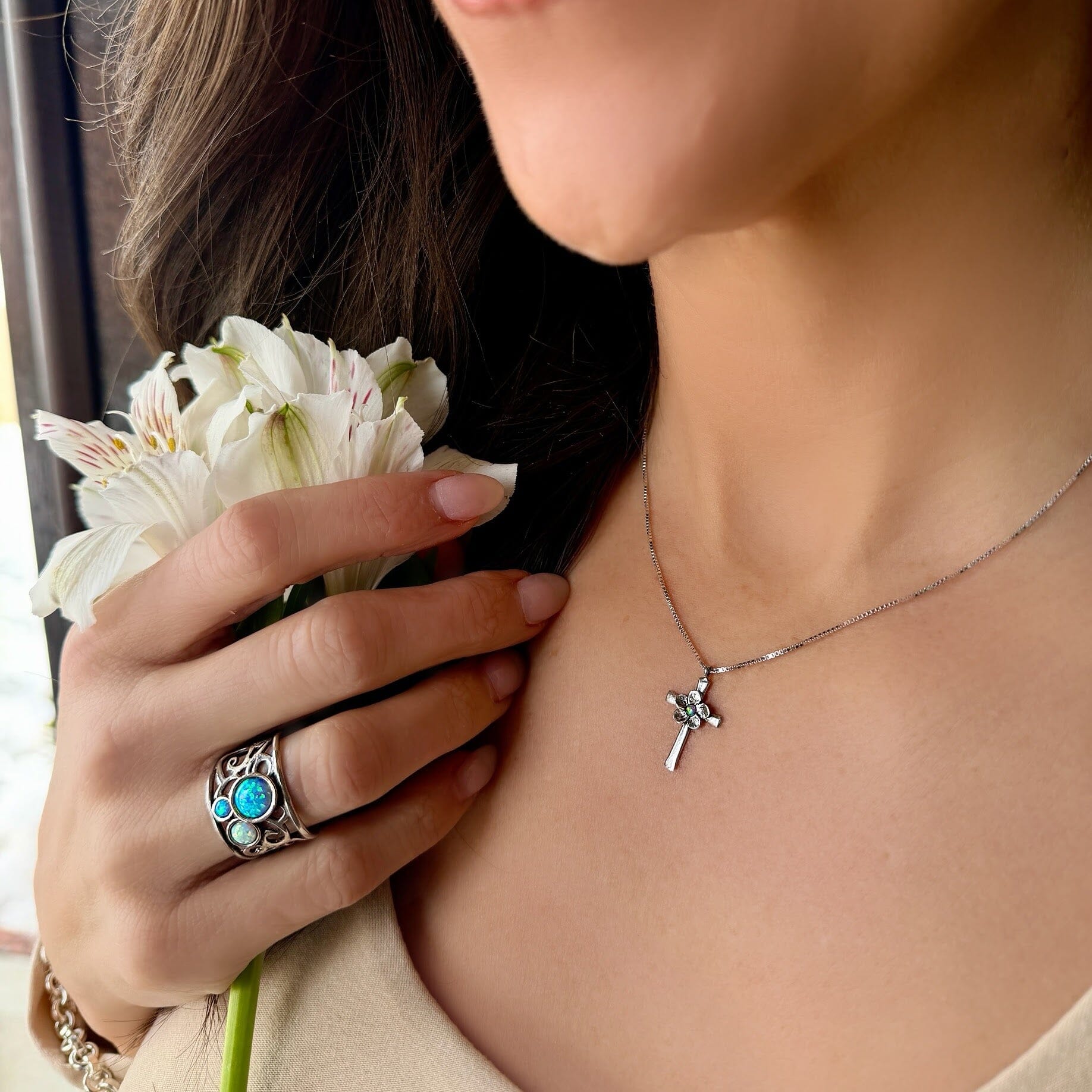 floral cross necklace in handcrafted sterling silver